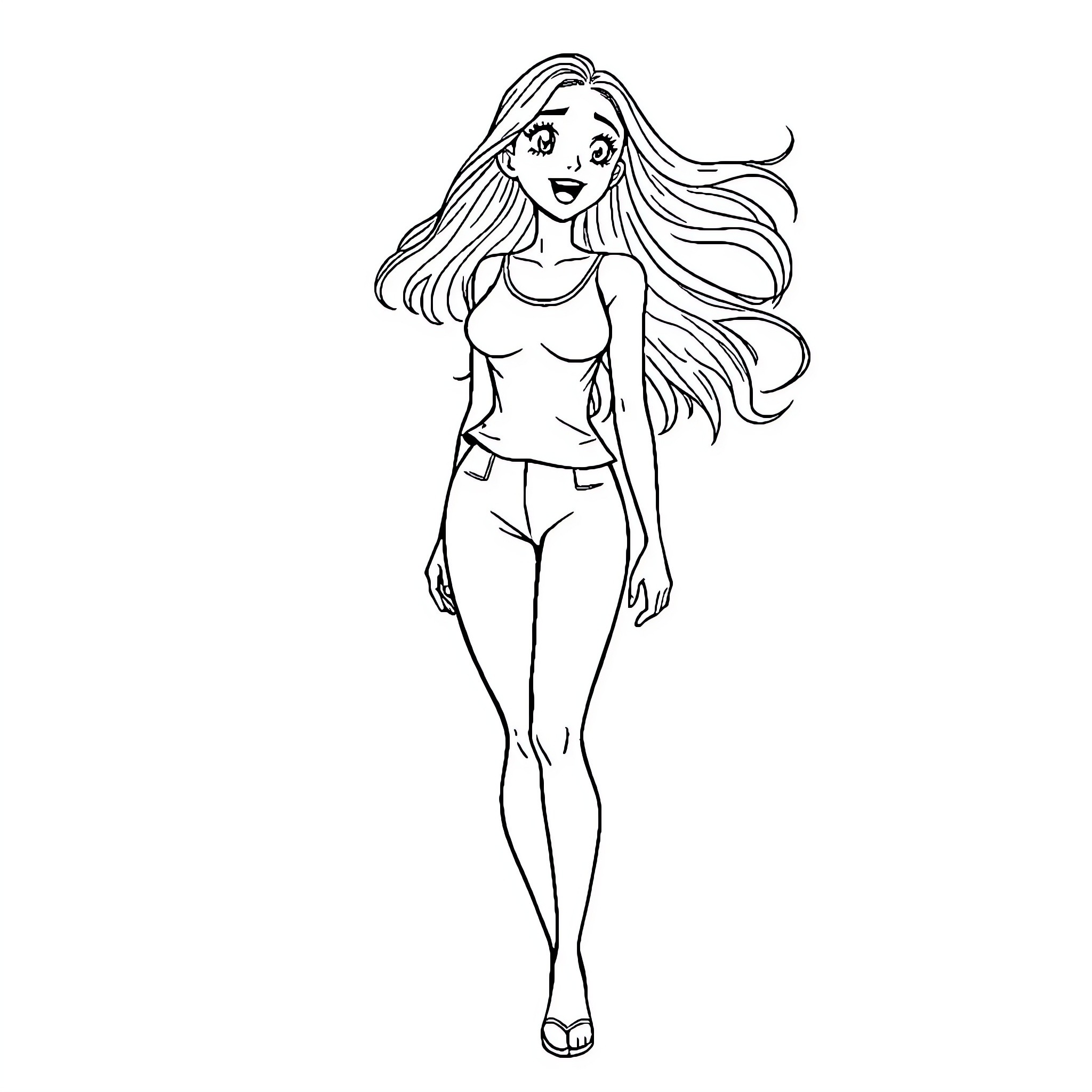 Woman with flowing hair in casual outfit Coloring Page (free black-and-white line drawing printable PDF for all, from beginners to advanced learners, including children, teens, adults, and seniors)