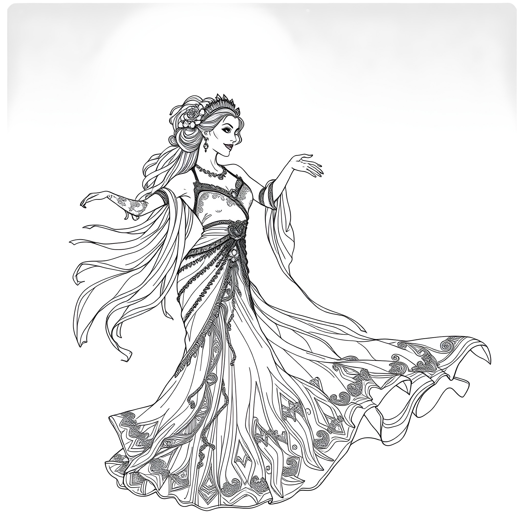 Gypsy dancer in traditional flowing dress Coloring Page (free black-and-white line drawing printable PDF for all, from beginners to advanced learners, including children, teens, adults, and seniors)