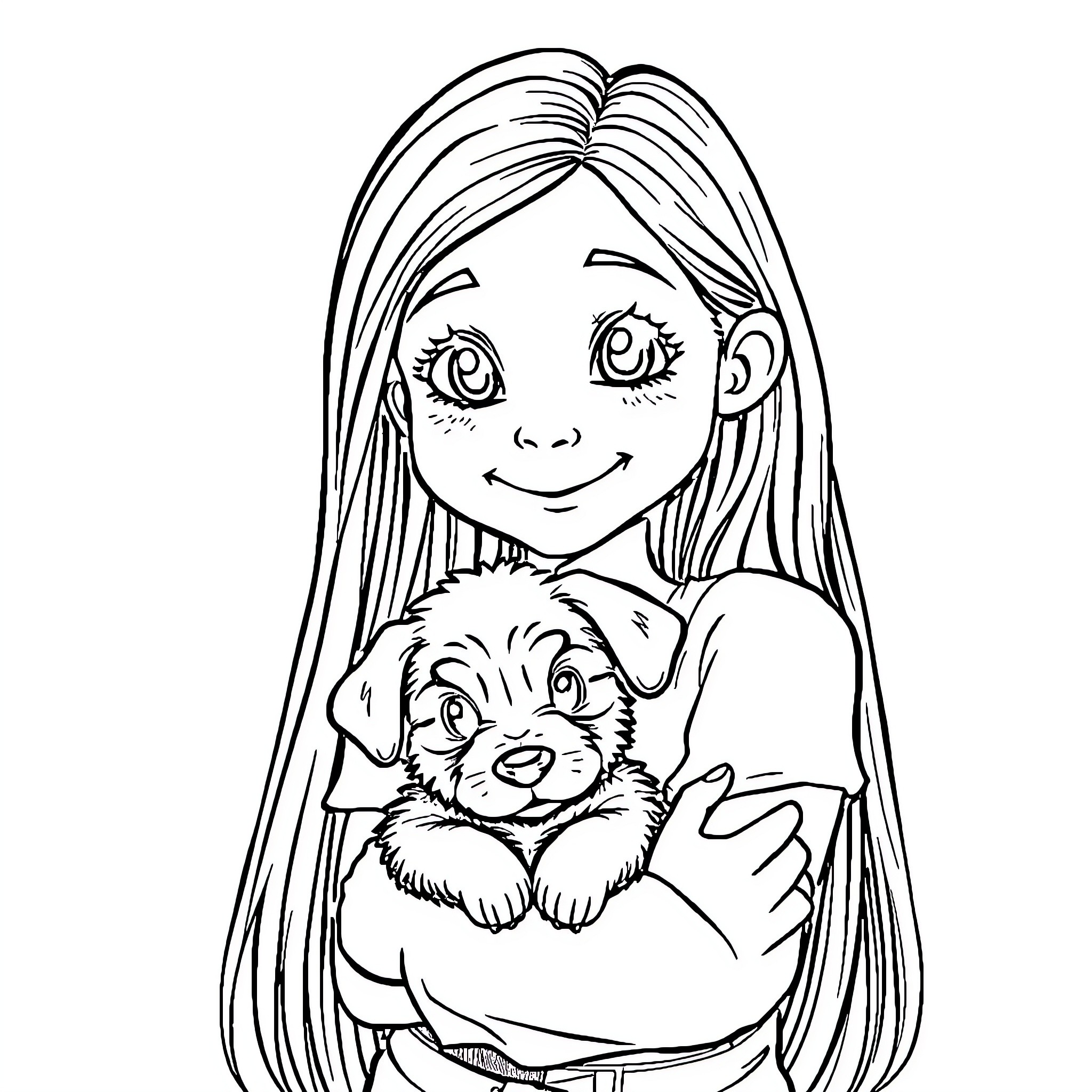 Girl cuddling a puppy with a happy expression Coloring Page (free black-and-white line drawing printable PDF for all, from beginners to advanced learners, including children, teens, adults, and seniors)