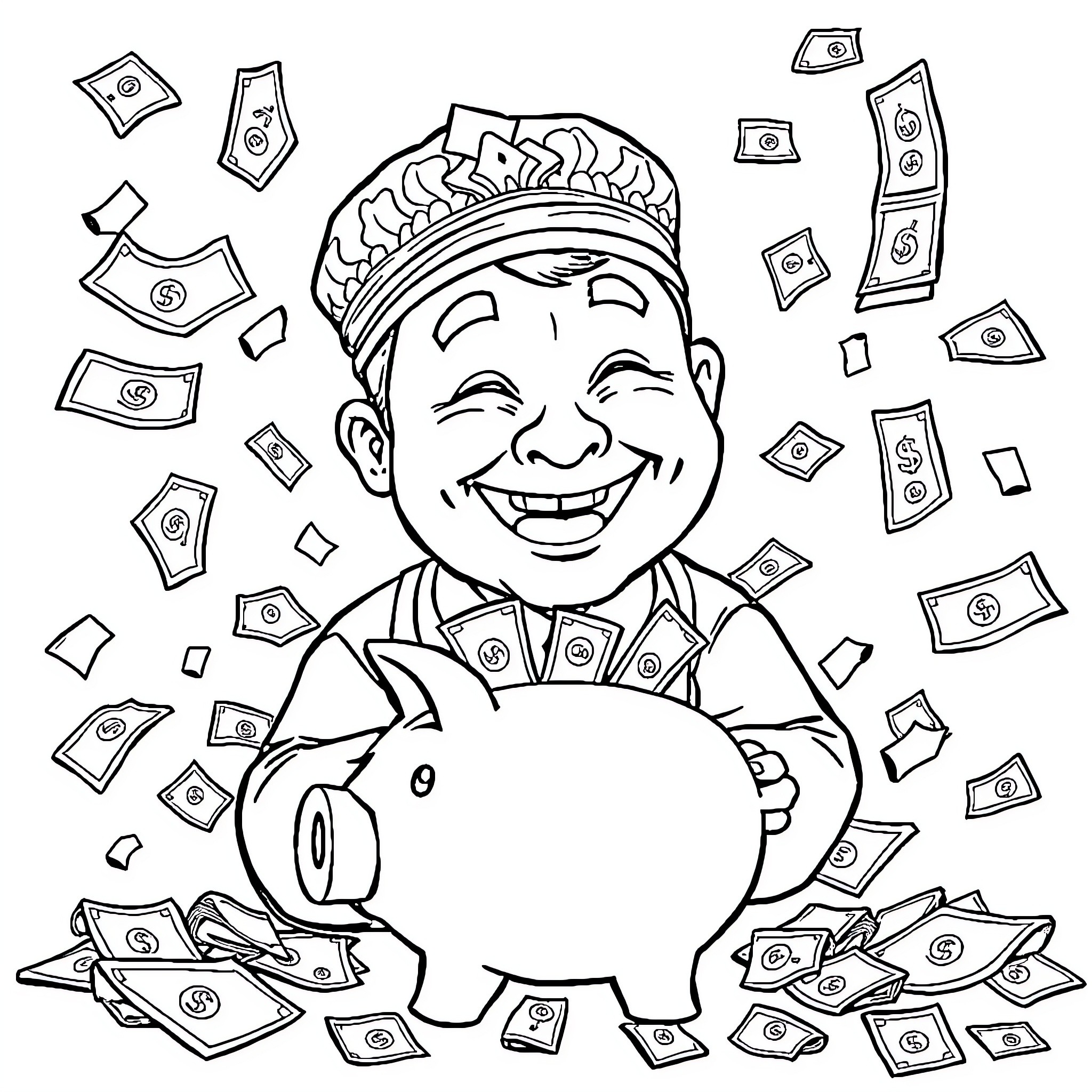 Chinese Man Happily Saving Money in a Piggy Bank Coloring Page (free black-and-white line drawing printable PDF for all, from beginners to advanced learners, including children, teens, adults, and seniors)