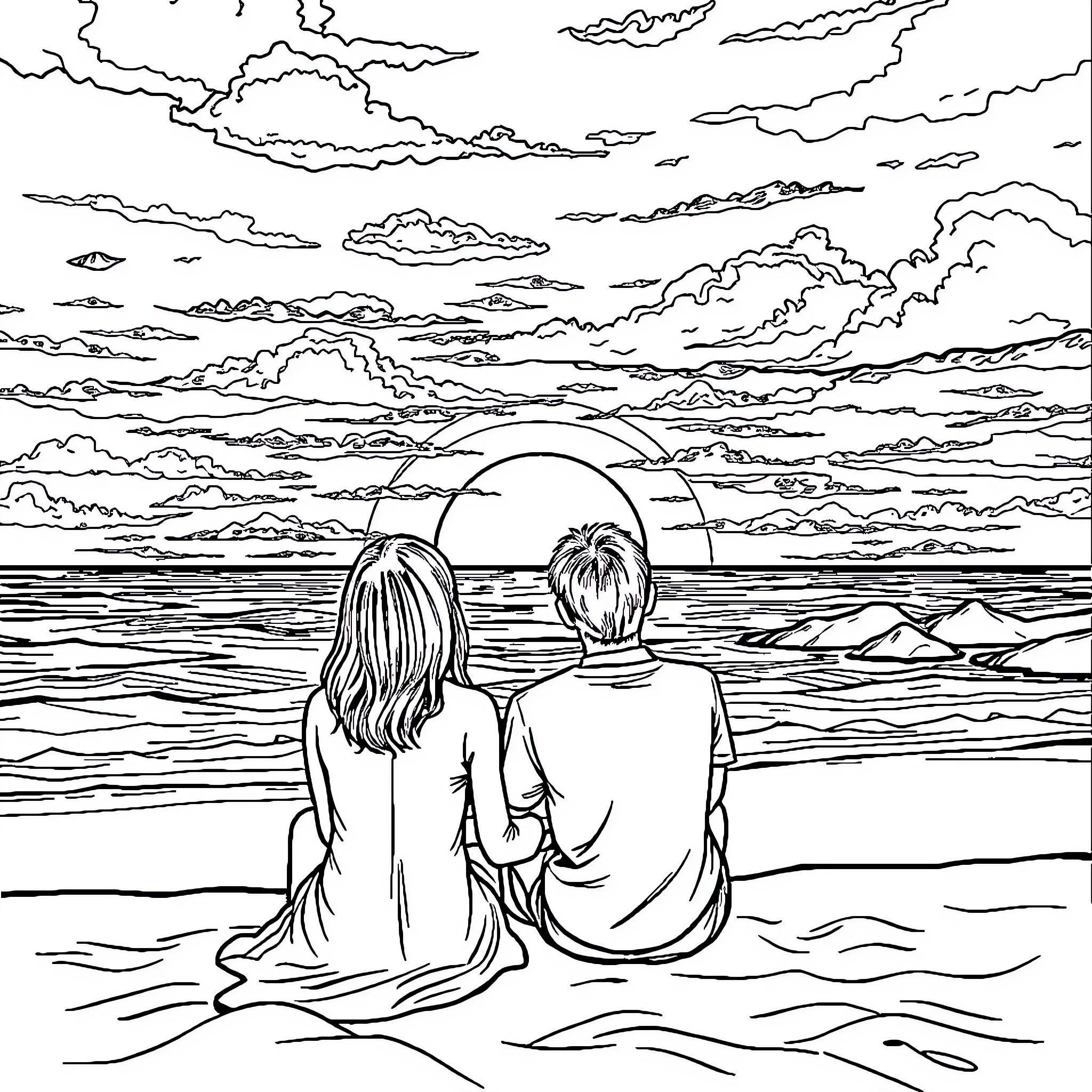 Couple watching sunset at the beach Coloring Page (free black-and-white line drawing printable PDF for all, from beginners to advanced learners, including children, teens, adults, and seniors)