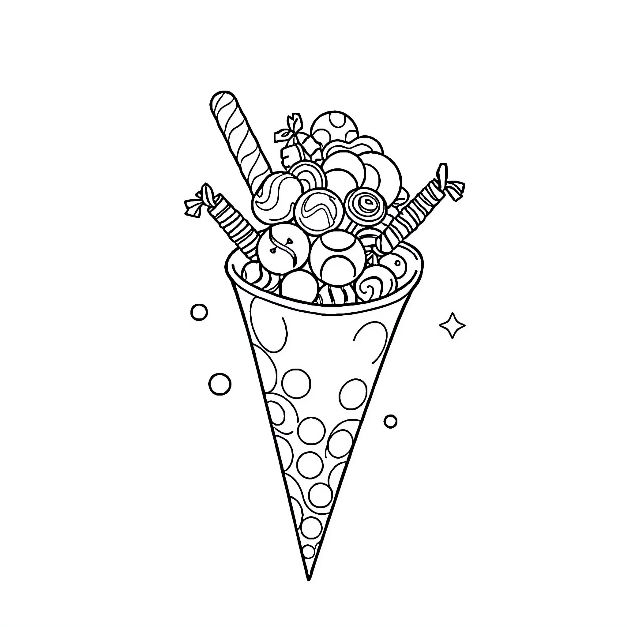 Lolly Treat in a Decorative Cone Coloring Page (free black-and-white line drawing printable PDF for all, from beginners to advanced learners, including children, teens, adults, and seniors)