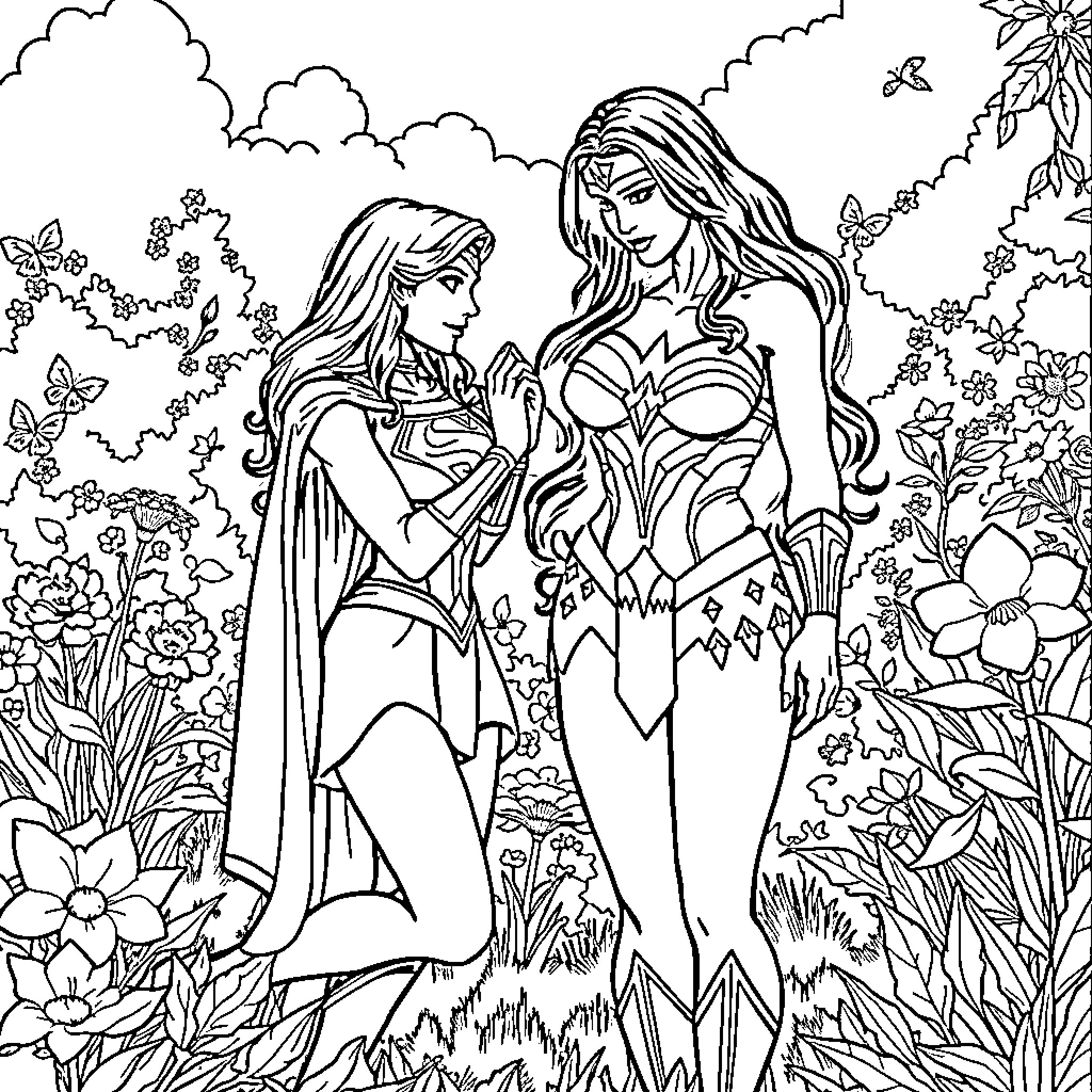 Supergirl's Enchanted Garden Adventure Coloring Page (free black-and-white line drawing printable PDF for all, from beginners to advanced learners, including children, teens, adults, and seniors)