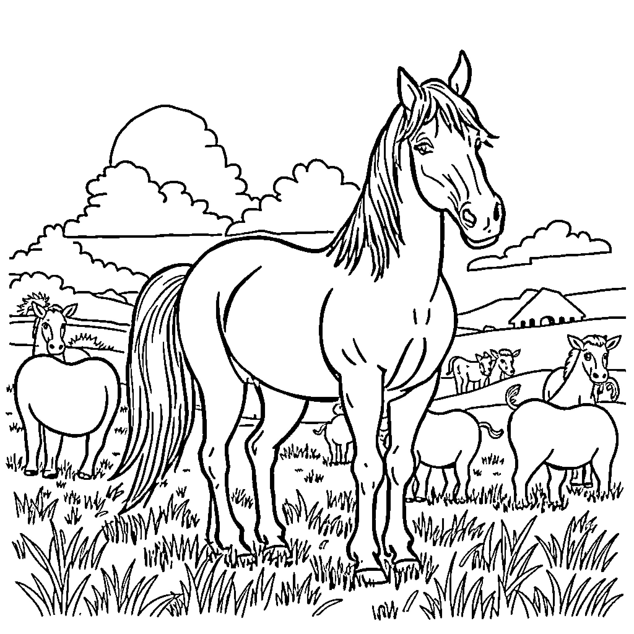 Horse grazing peacefully in the countryside Coloring Page (free black-and-white line drawing printable PDF for all, from beginners to advanced learners, including children, teens, adults, and seniors)