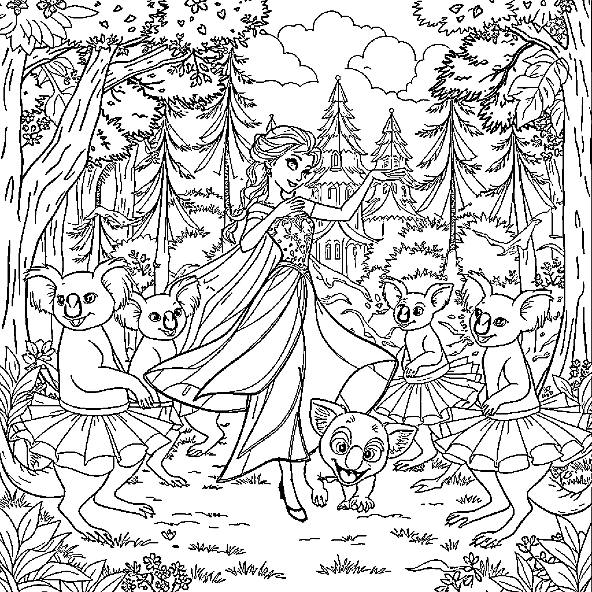 Elsa's Enchanted Forest Adventure Coloring Page (free black-and-white line drawing printable PDF for all, from beginners to advanced learners, including children, teens, adults, and seniors)