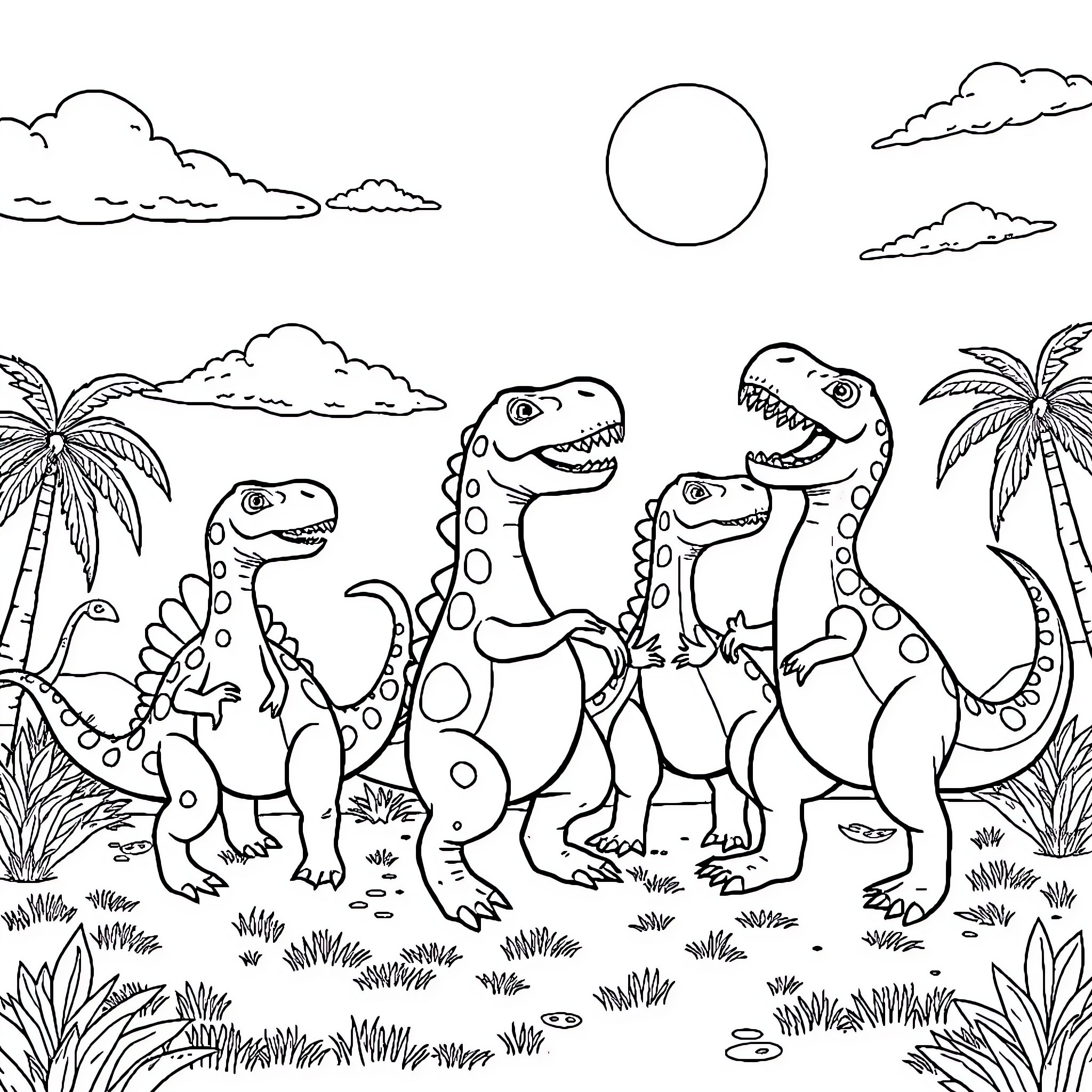 Dinosaur family exploring lush prehistoric landscape Coloring Page (free black-and-white line drawing printable PDF for all, from beginners to advanced learners, including children, teens, adults, and seniors)