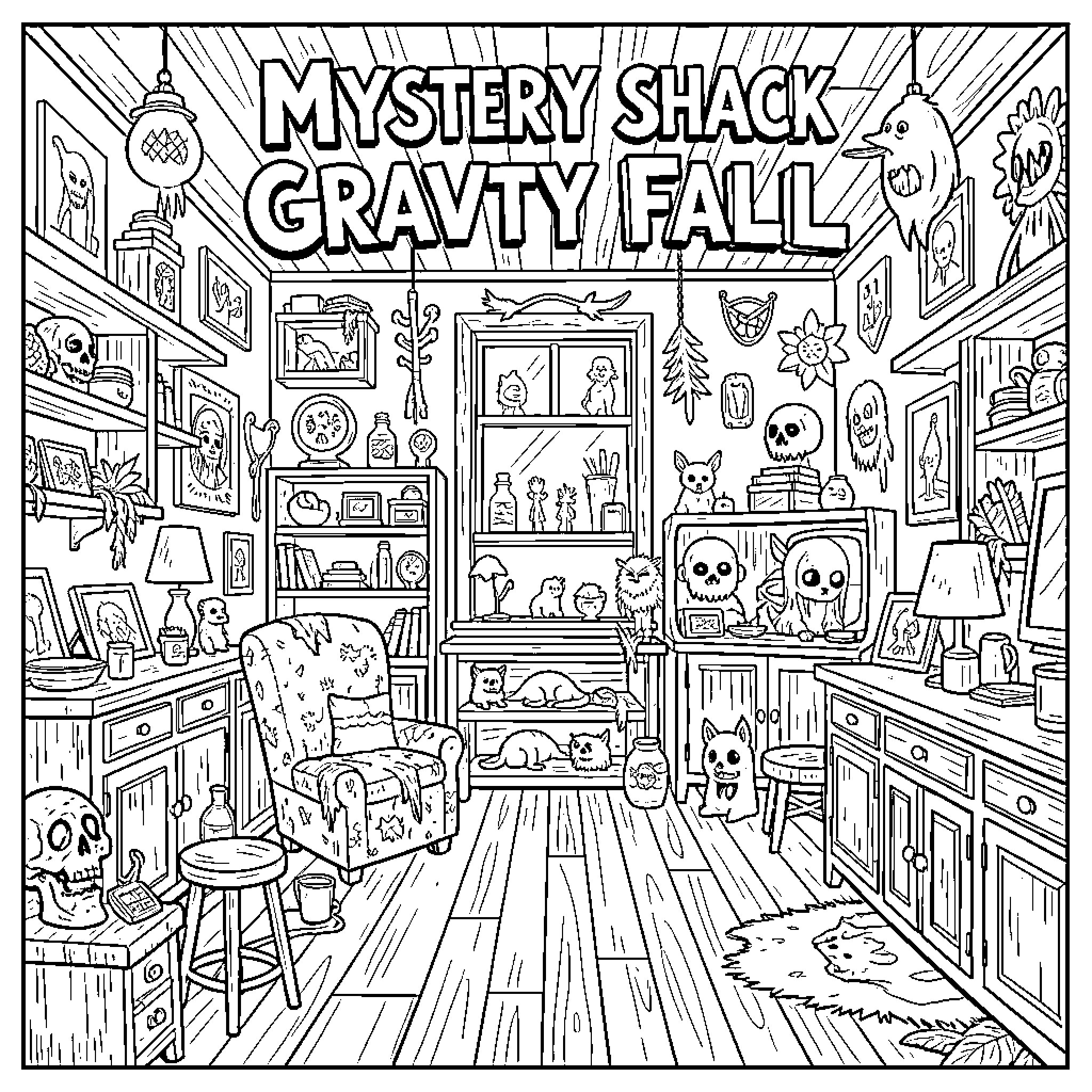 Mystery Shack filled with quirky creatures and odd artifacts Coloring Page (free black-and-white line drawing printable PDF for all, from beginners to advanced learners, including children, teens, adults, and seniors)