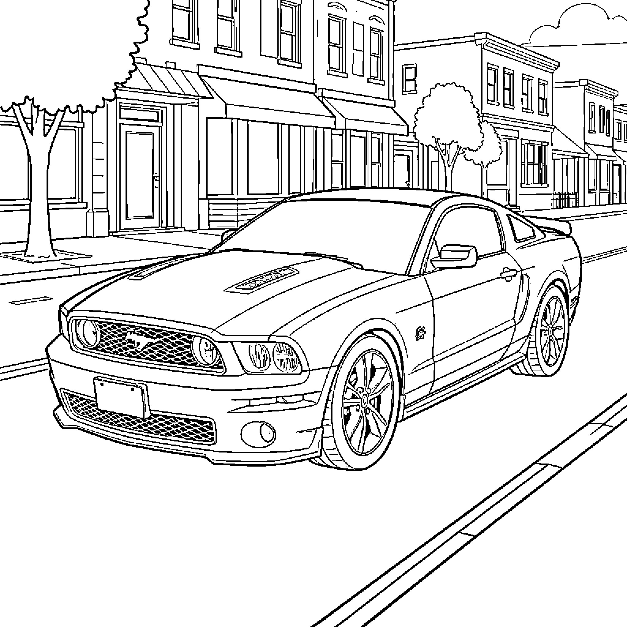 Ford Mustang on a city street Coloring Page (free black-and-white line drawing printable PDF for all, from beginners to advanced learners, including children, teens, adults, and seniors)