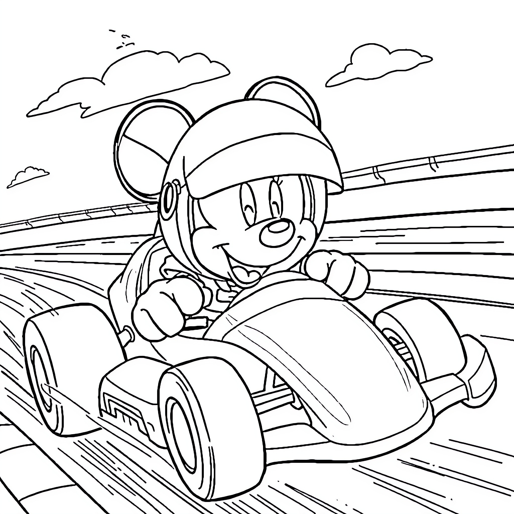 Mickey Mouse racing in a race car Coloring Page (free black-and-white line drawing printable PDF for all, from beginners to advanced learners, including children, teens, adults, and seniors)