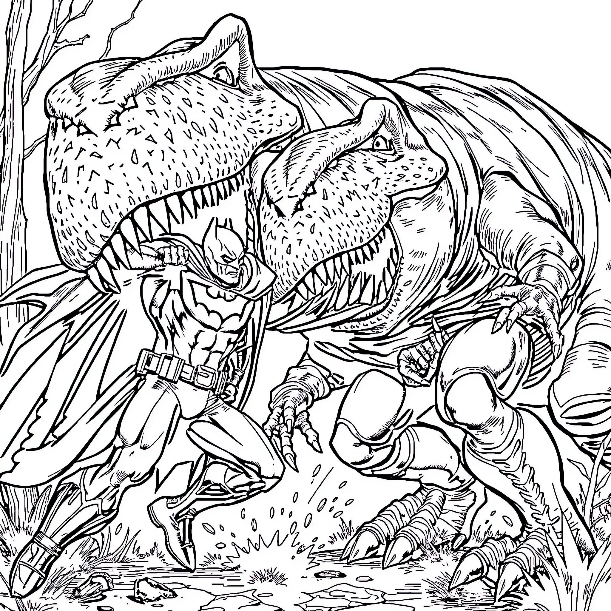 Batman Battling Fierce Prehistoric Creatures Coloring Page (free black-and-white line drawing printable PDF for all, from beginners to advanced learners, including children, teens, adults, and seniors)