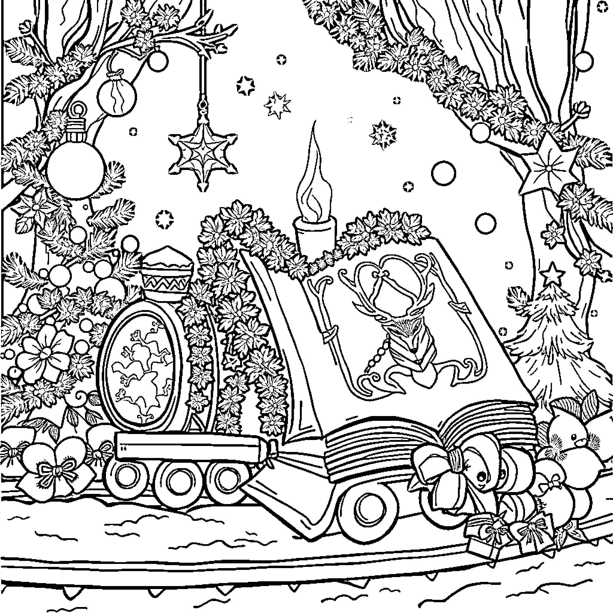 Bûche of Winter Wonderland Coloring Page (free black-and-white line drawing printable PDF for all, from beginners to advanced learners, including children, teens, adults, and seniors)