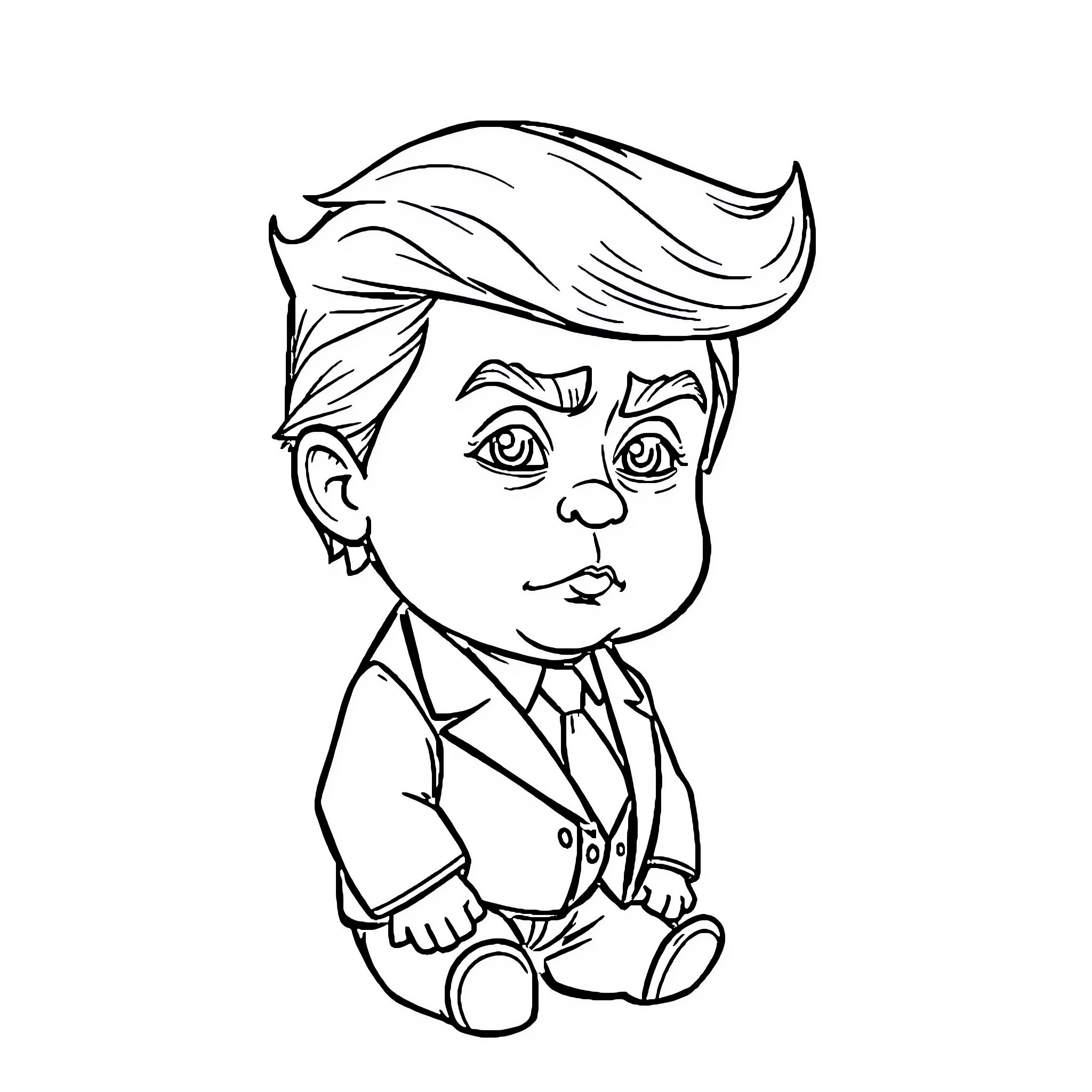 Donald Trump as a stylized cartoon character Coloring Page (free black-and-white line drawing printable PDF for all, from beginners to advanced learners, including children, teens, adults, and seniors)