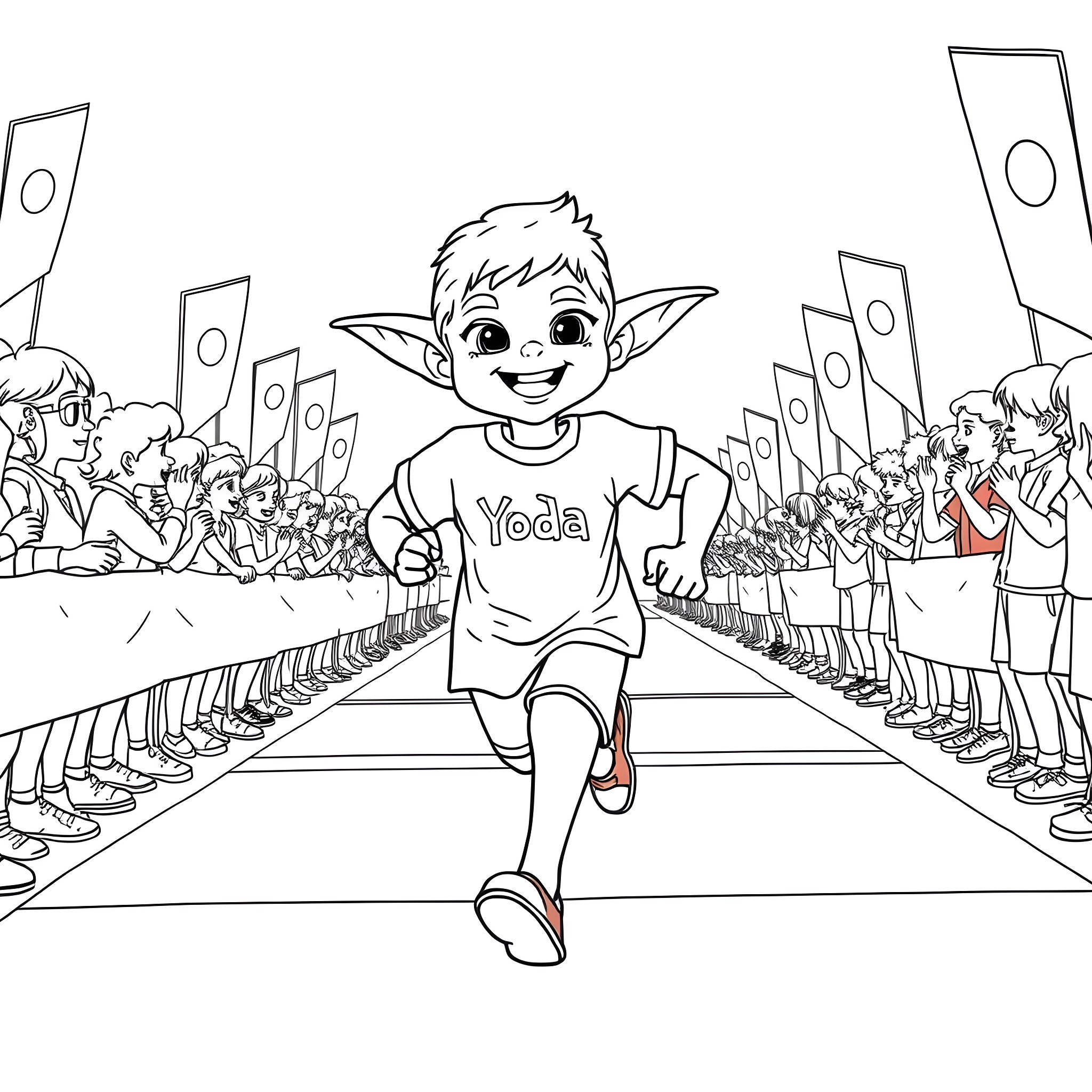 Boy running happily on the track Coloring Page (free black-and-white line drawing printable PDF for all, from beginners to advanced learners, including children, teens, adults, and seniors)