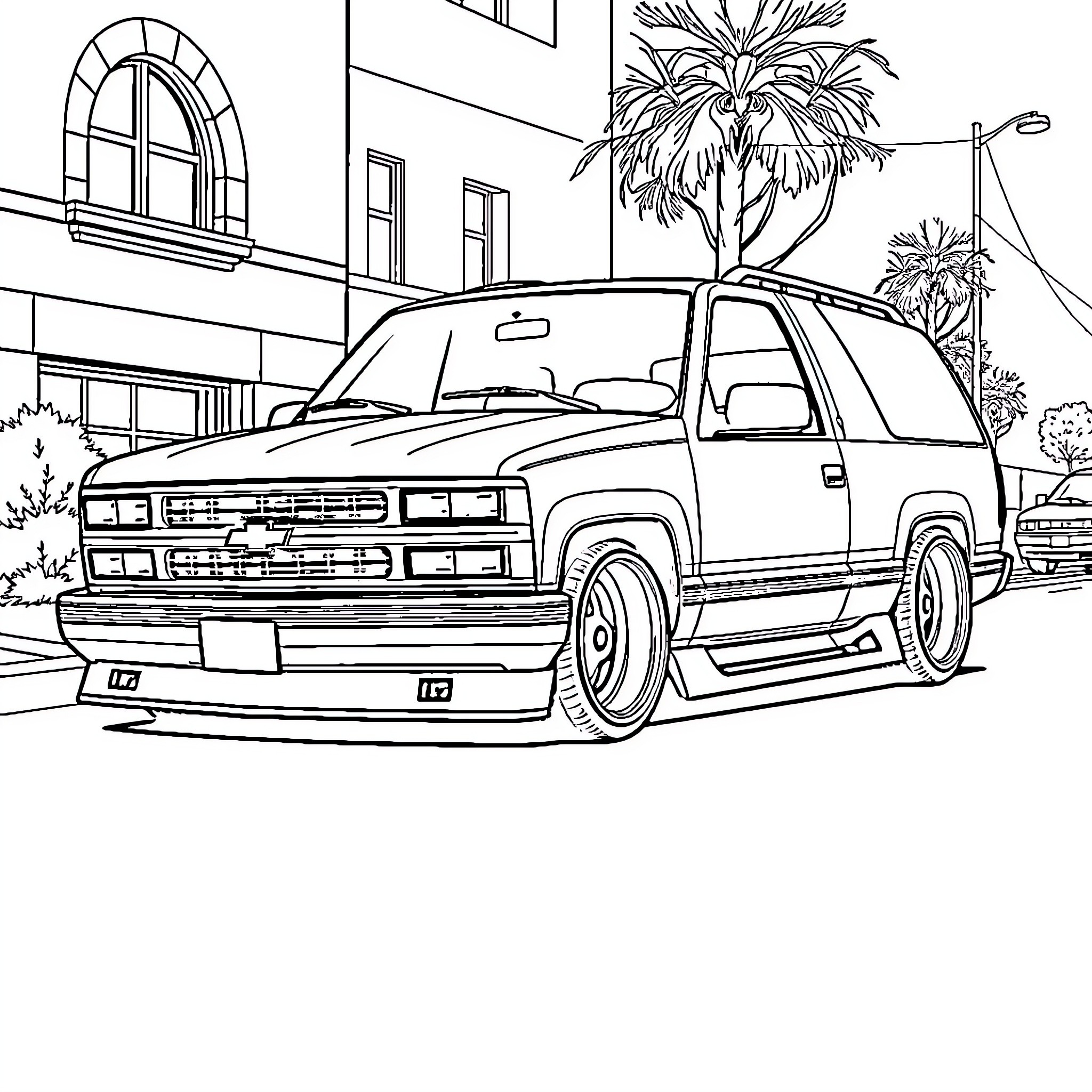 Tahoe scenic city with modified sport utility vehicle Coloring Page (free black-and-white line drawing printable PDF for all, from beginners to advanced learners, including children, teens, adults, and seniors)