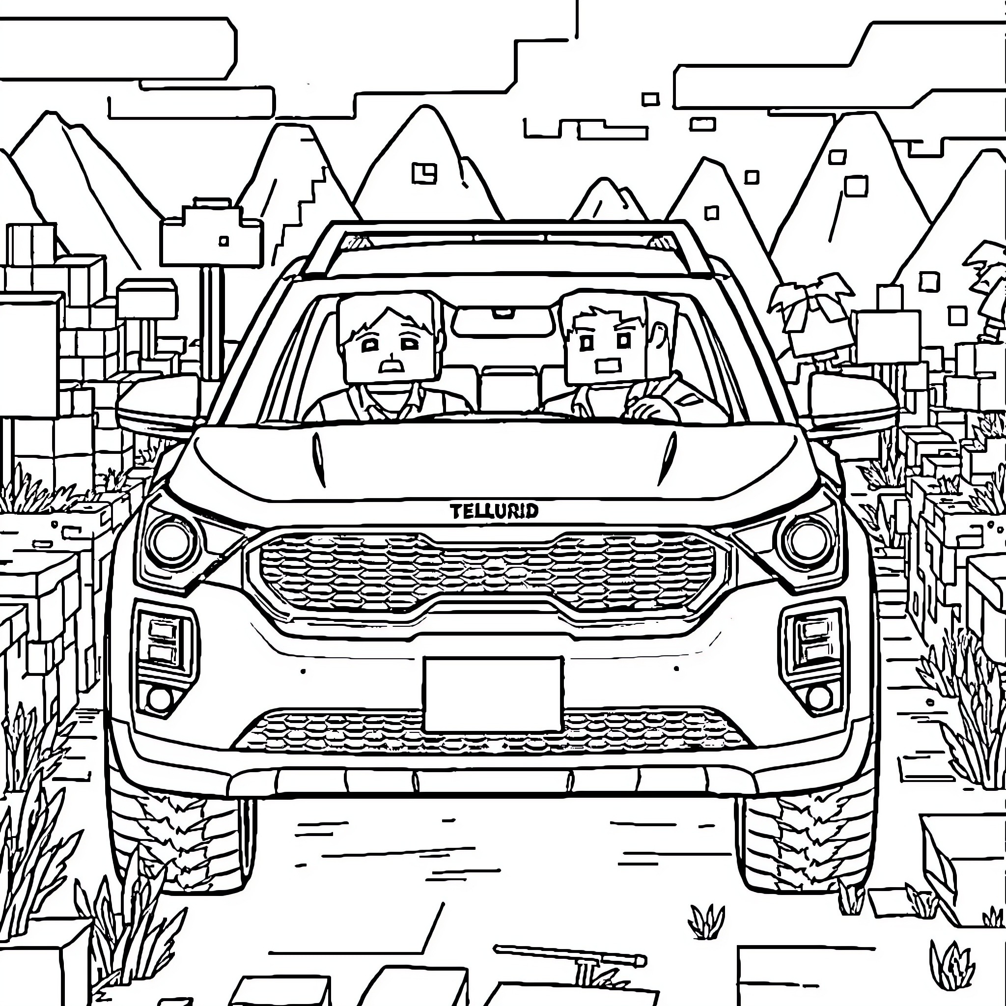 Minecraft characters driving off-road vehicle through mountainous landscape Coloring Page (free black-and-white line drawing printable PDF for all, from beginners to advanced learners, including children, teens, adults, and seniors)