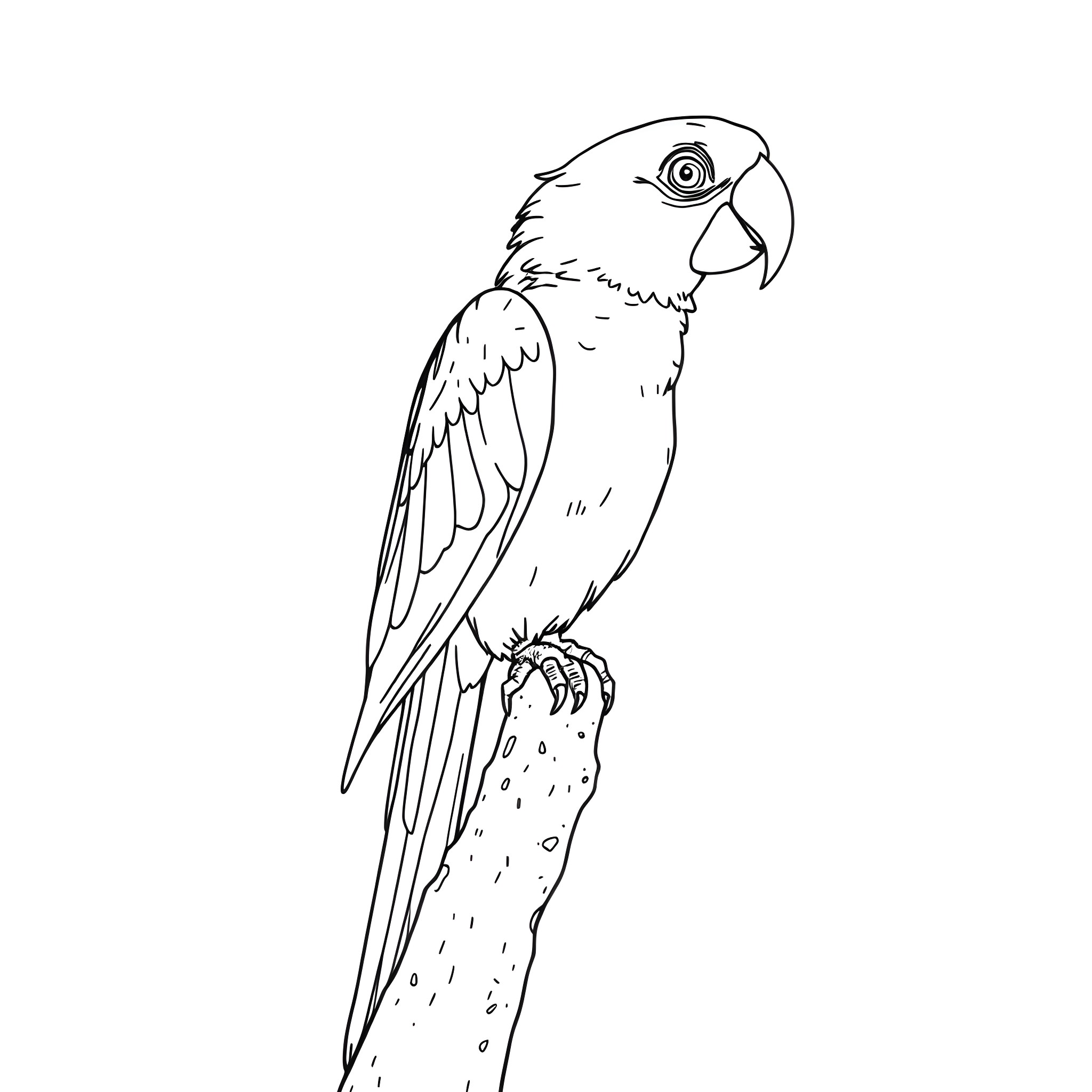 Parrot perched on branch Coloring Page (free black-and-white line drawing printable PDF for all, from beginners to advanced learners, including children, teens, adults, and seniors)