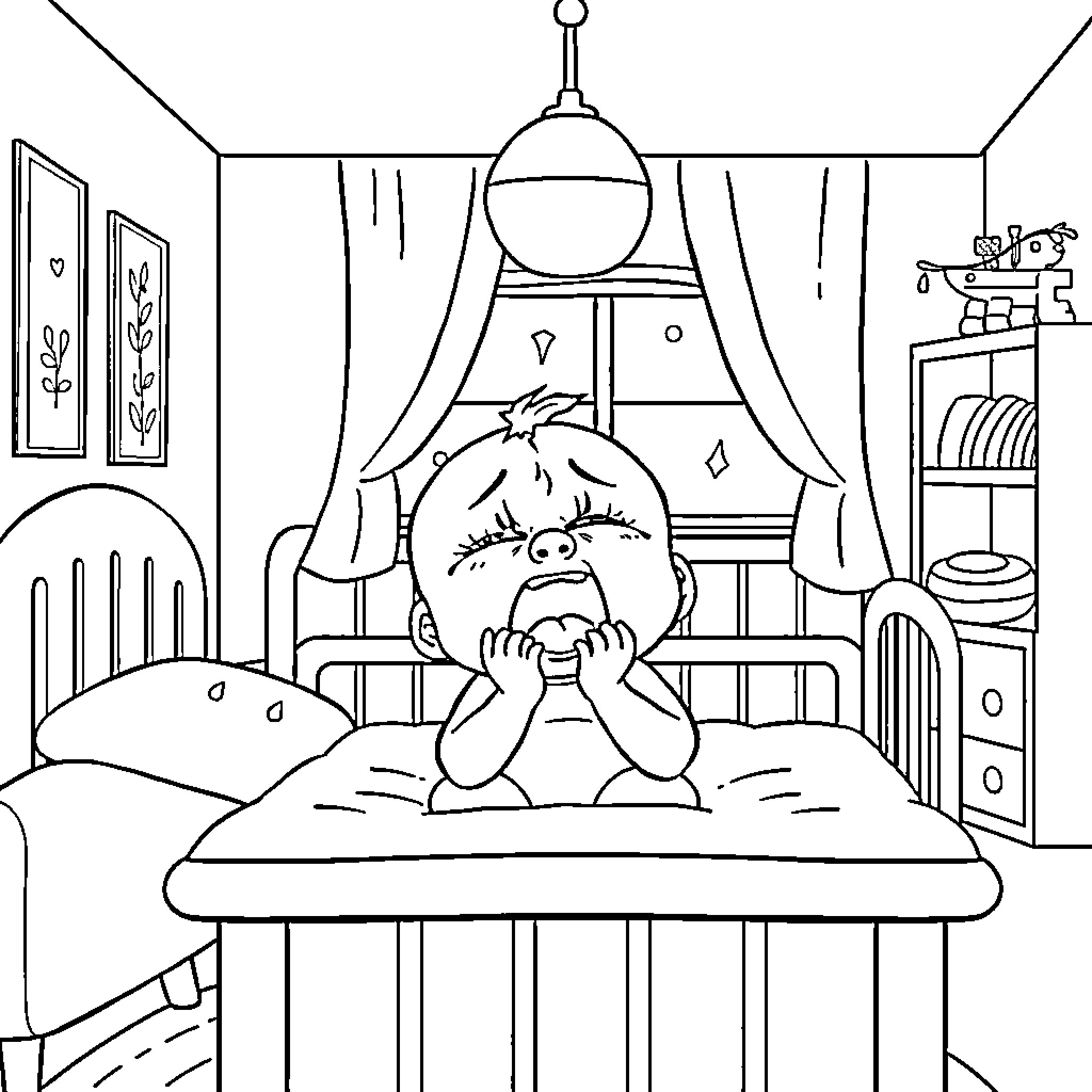 Baby resting peacefully in cozy bedroom Coloring Page (free black-and-white line drawing printable PDF for all, from beginners to advanced learners, including children, teens, adults, and seniors)