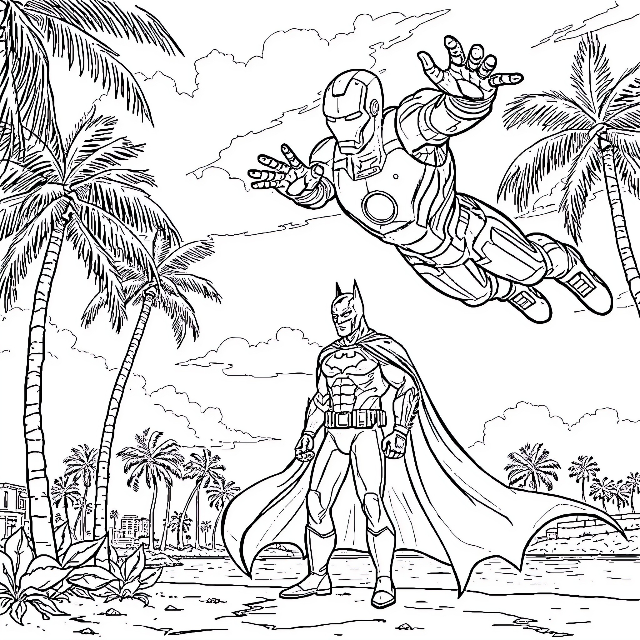 Ironman's heroic flight over Batman's beach patrol Coloring Page (free black-and-white line drawing printable PDF for all, from beginners to advanced learners, including children, teens, adults, and seniors)