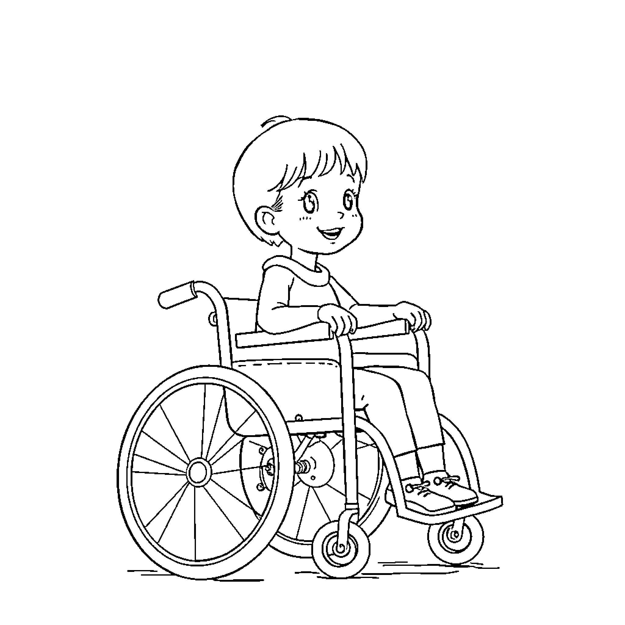 Fille in a Wheelchair Smiling Happily Coloring Page (free black-and-white line drawing printable PDF for all, from beginners to advanced learners, including children, teens, adults, and seniors)