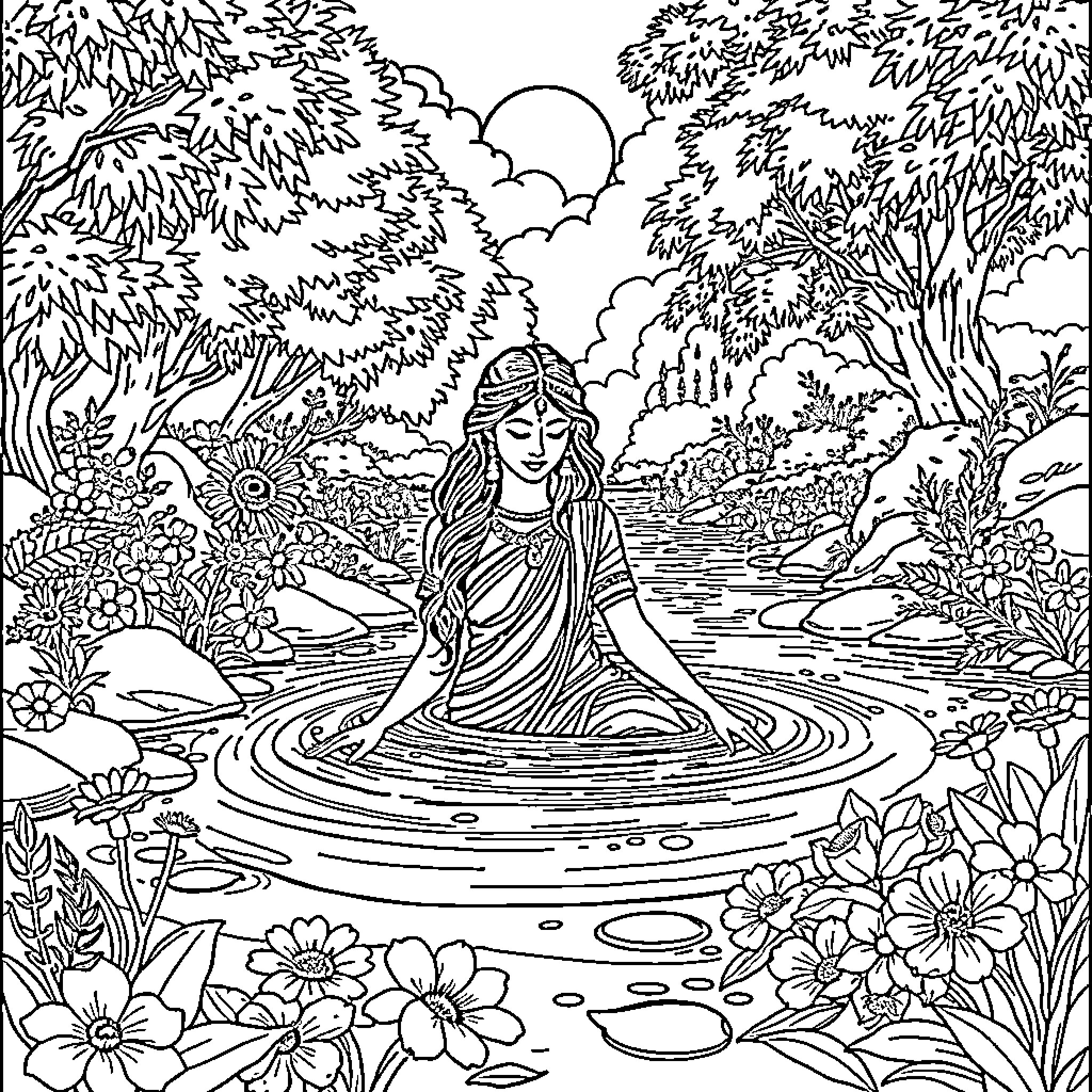 Indian Lady Meditating in Serene Nature Landscape Coloring Page (free black-and-white line drawing printable PDF for all, from beginners to advanced learners, including children, teens, adults, and seniors)