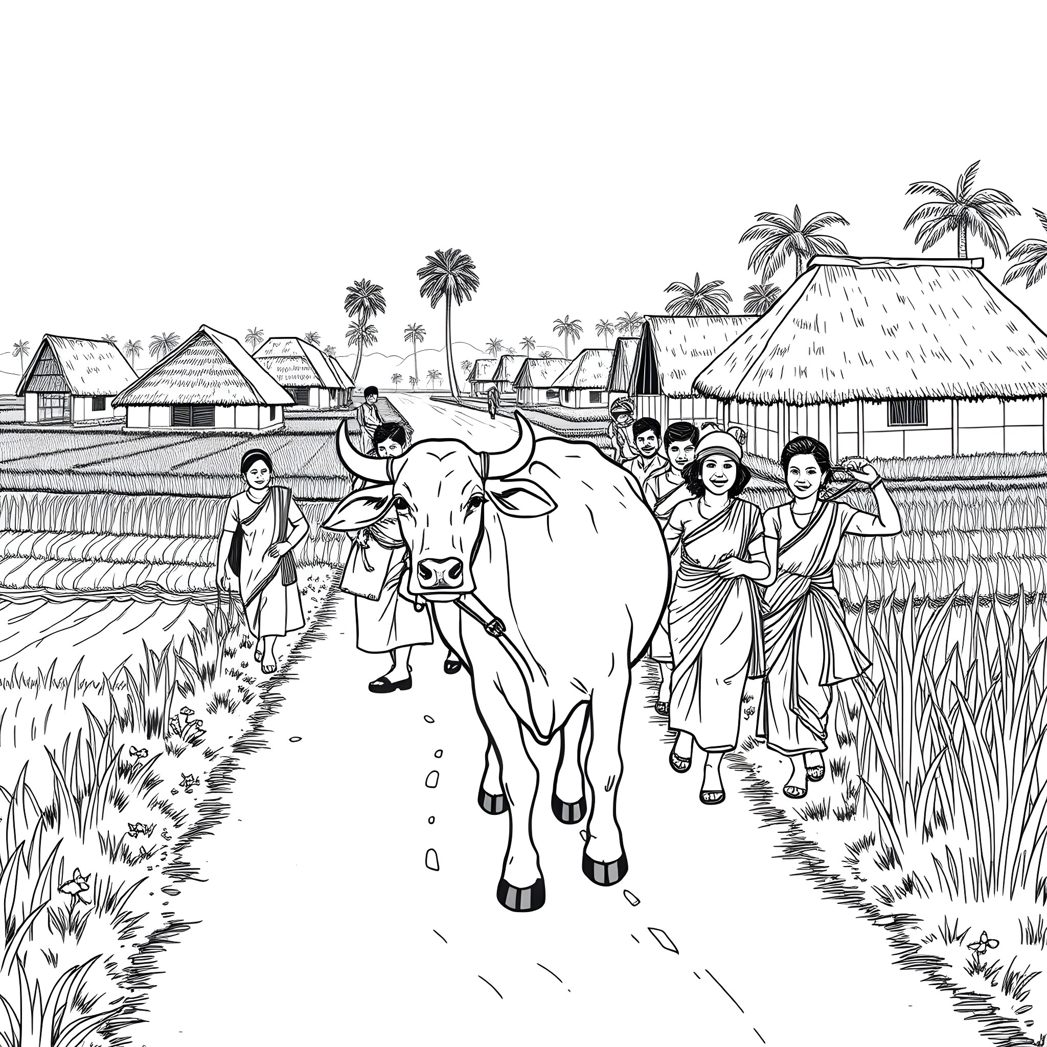Cow walking with villagers in rural landscape Coloring Page (free black-and-white line drawing printable PDF for all, from beginners to advanced learners, including children, teens, adults, and seniors)