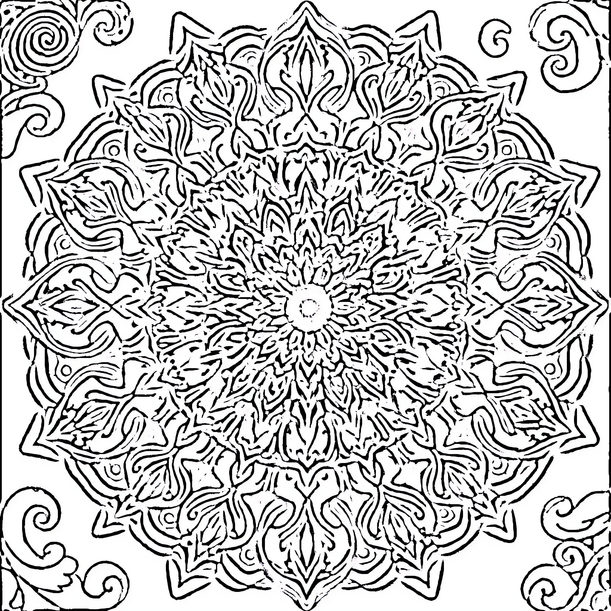 Mandala of intricate floral patterns Coloring Page (free black-and-white line drawing printable PDF for all, from beginners to advanced learners, including children, teens, adults, and seniors)