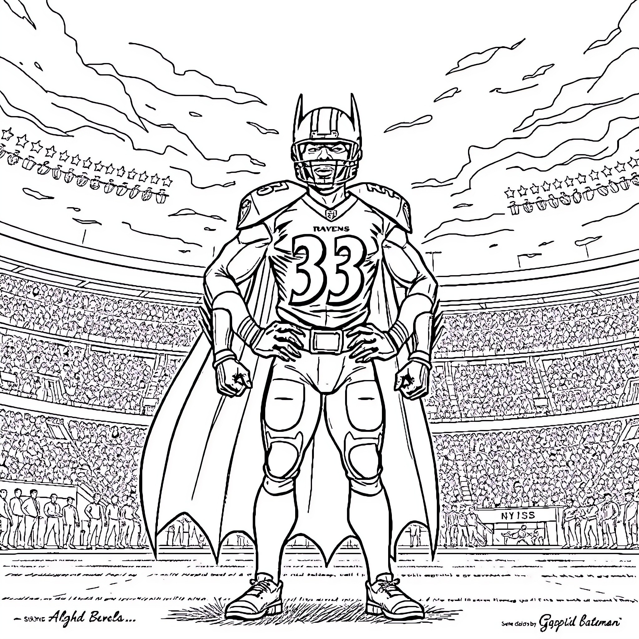 Rashad Bateman, Superhero Football Player in Action Coloring Page (free black-and-white line drawing printable PDF for all, from beginners to advanced learners, including children, teens, adults, and seniors)