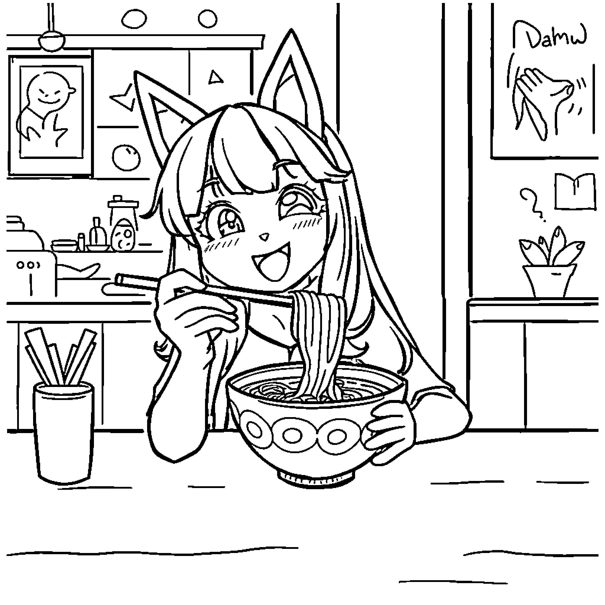Huntrix Zoey happily cooking in the kitchen Coloring Page (free black-and-white line drawing printable PDF for all, from beginners to advanced learners, including children, teens, adults, and seniors)