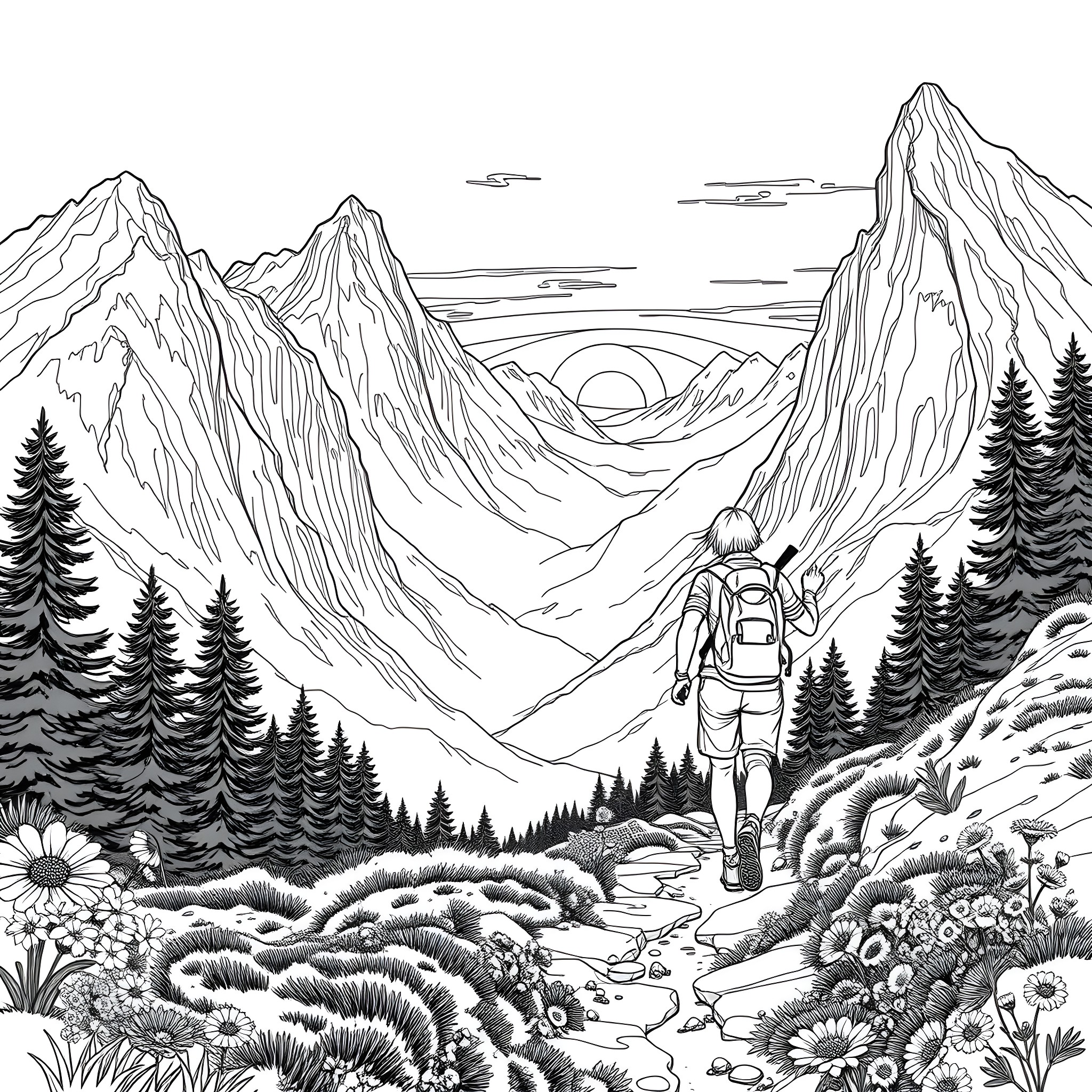 Hiker exploring serene mountain landscape Coloring Page (free black-and-white line drawing printable PDF for all, from beginners to advanced learners, including children, teens, adults, and seniors)
