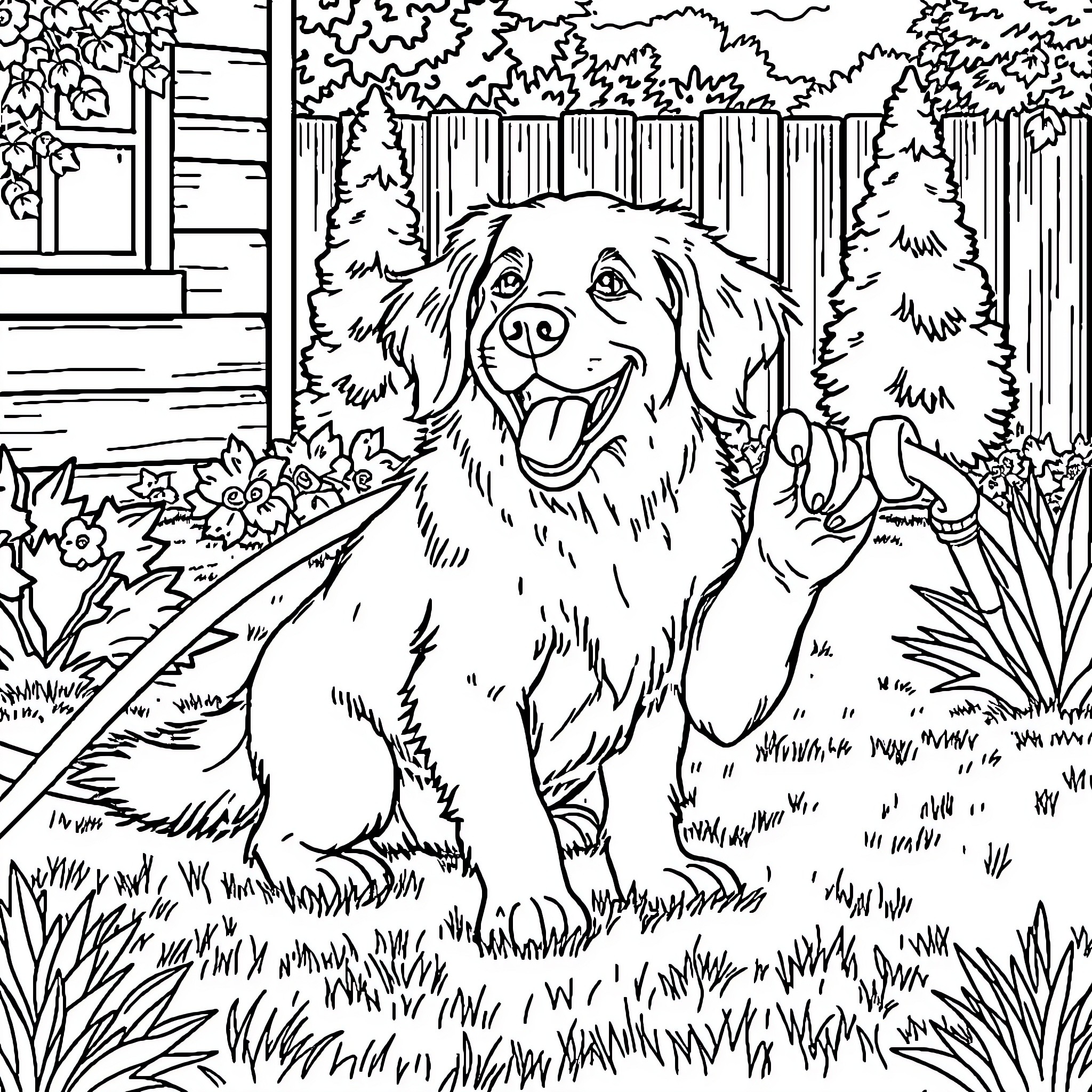Golden Retriever playing happily in the garden Coloring Page (free black-and-white line drawing printable PDF for all, from beginners to advanced learners, including children, teens, adults, and seniors)