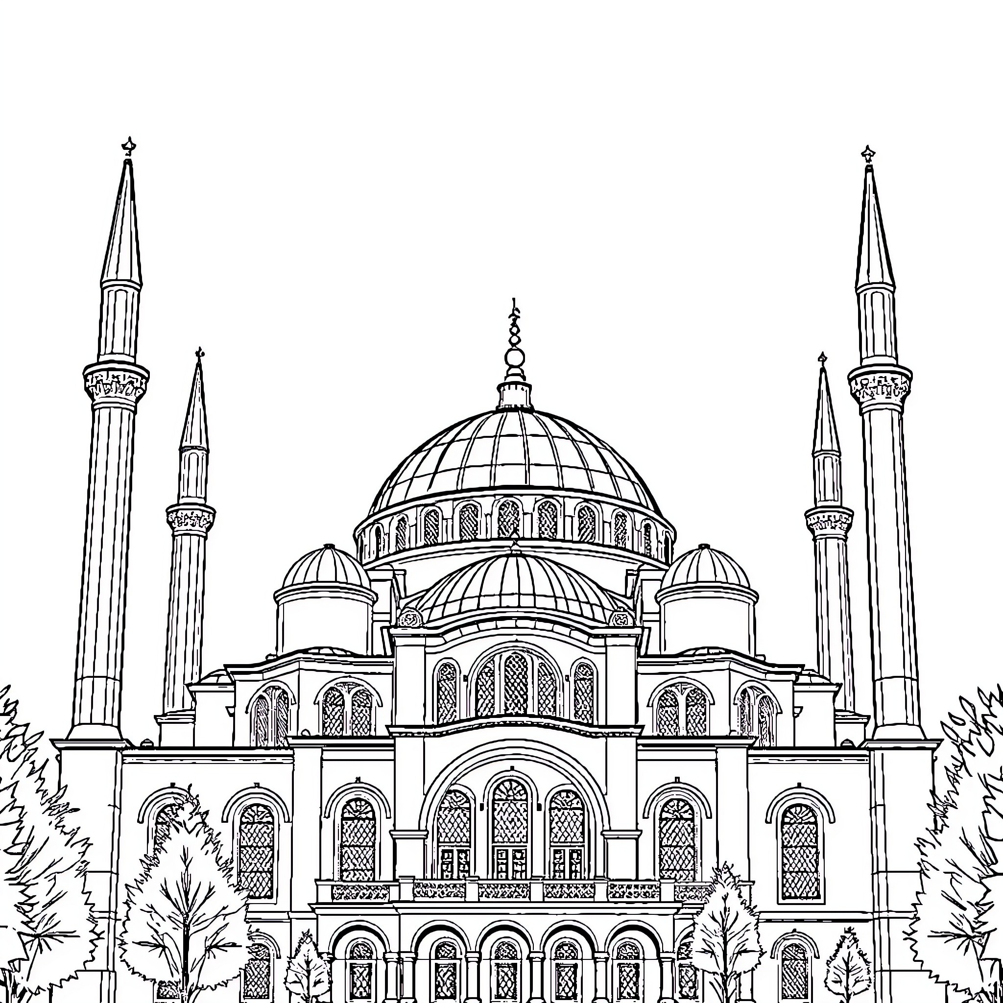 Hagia Sophia architectural illustration with domed structure Coloring Page (free black-and-white line drawing printable PDF for all, from beginners to advanced learners, including children, teens, adults, and seniors)