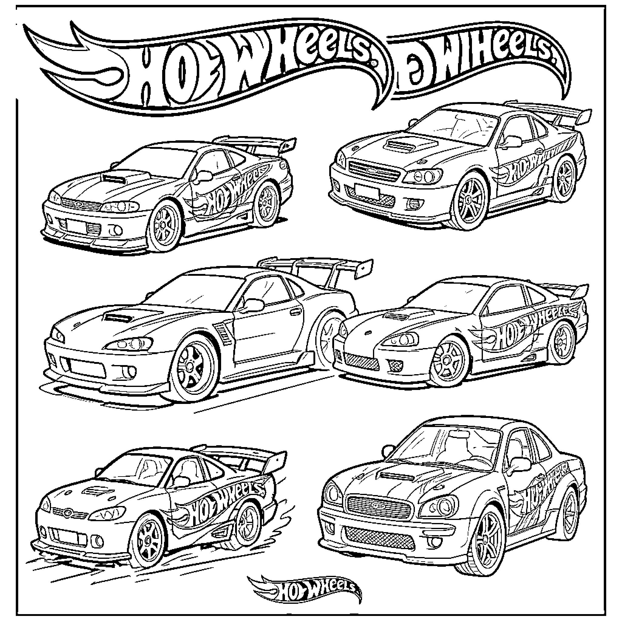 Hot Wheels racing various modified sports cars Coloring Page (free black-and-white line drawing printable PDF for all, from beginners to advanced learners, including children, teens, adults, and seniors)