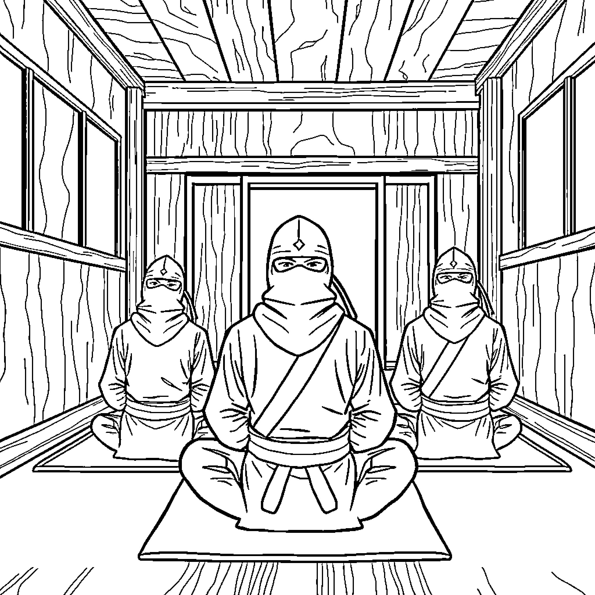 Ninja meditation in a secluded room Coloring Page (free black-and-white line drawing printable PDF for all, from beginners to advanced learners, including children, teens, adults, and seniors)