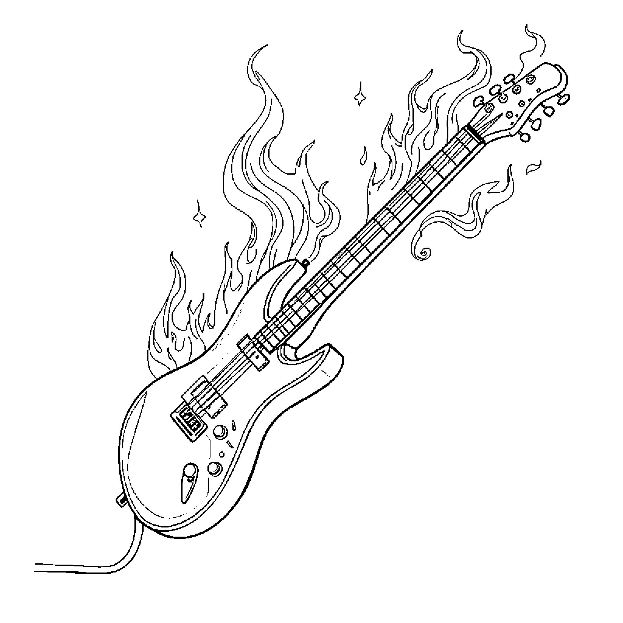 Guitar ablaze with fiery energy Coloring Page (free black-and-white line drawing printable PDF for all, from beginners to advanced learners, including children, teens, adults, and seniors)