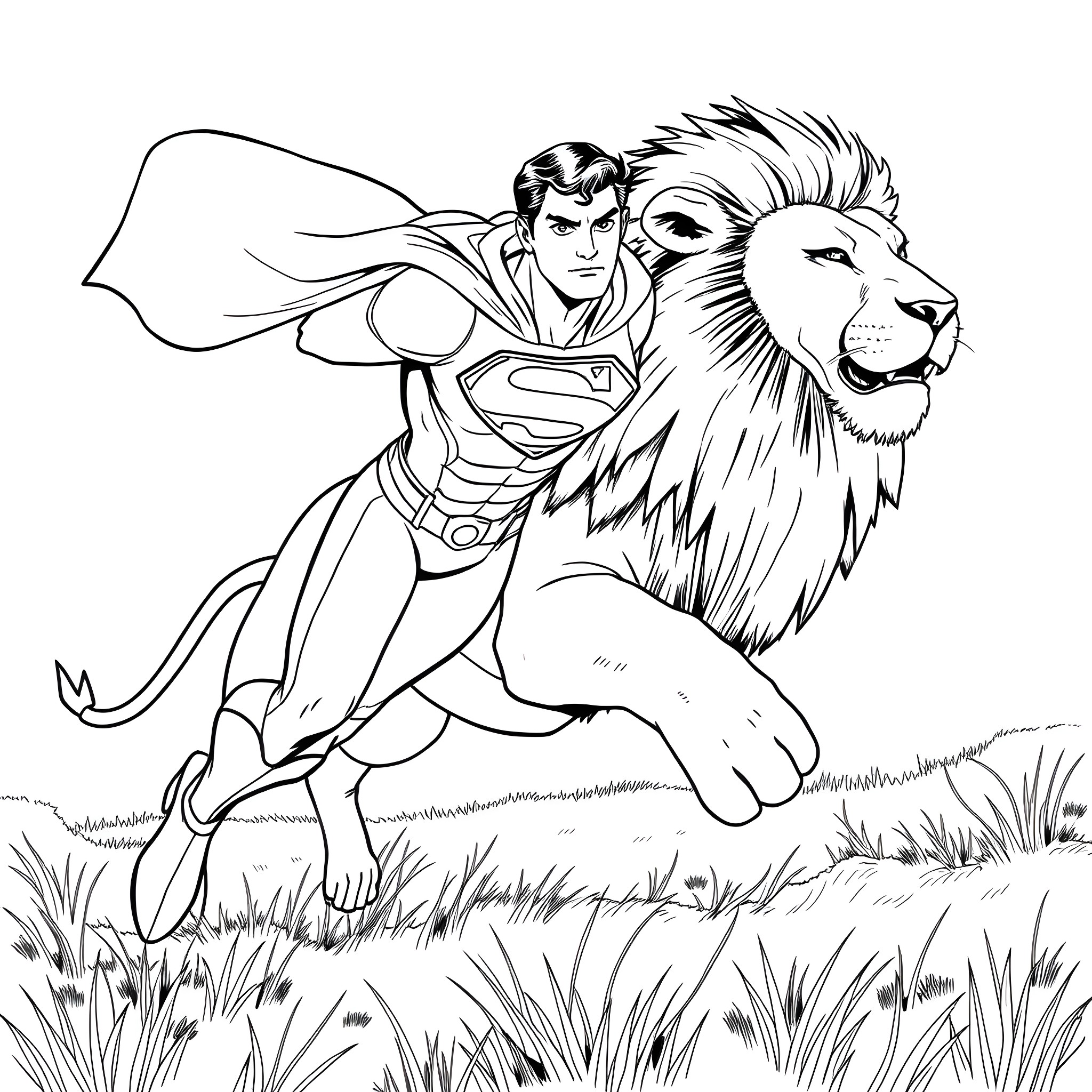 Superman riding a powerful lion through the wilderness Coloring Page (free black-and-white line drawing printable PDF for all, from beginners to advanced learners, including children, teens, adults, and seniors)