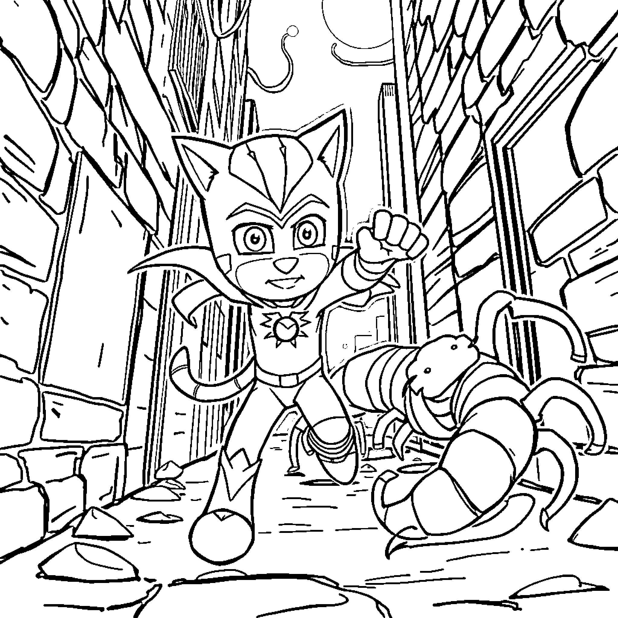 Catboy adventuring through the city Coloring Page (free black-and-white line drawing printable PDF for all, from beginners to advanced learners, including children, teens, adults, and seniors)