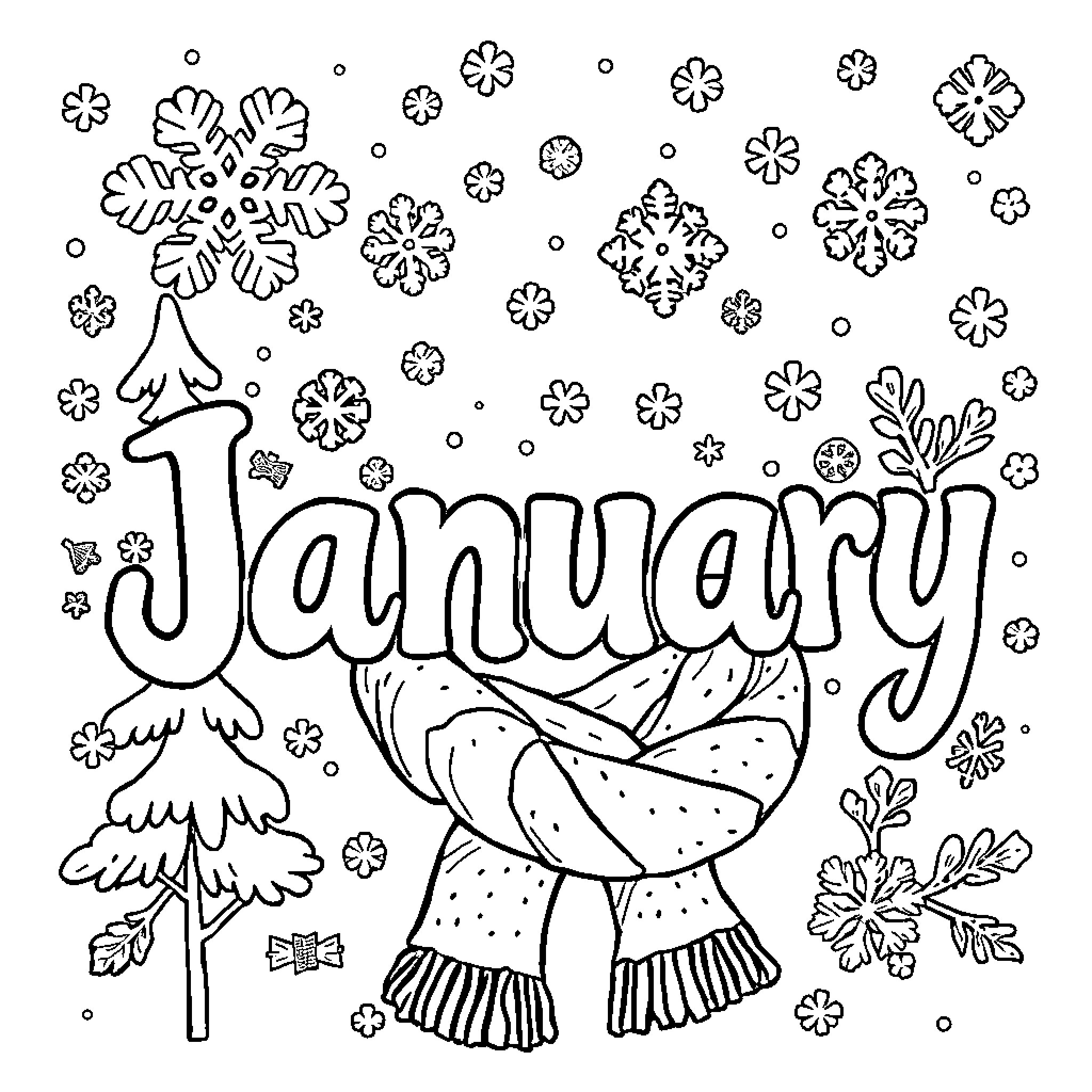 January scene with winter clothing and snowflakes Coloring Page (free black-and-white line drawing printable PDF for all, from beginners to advanced learners, including children, teens, adults, and seniors)