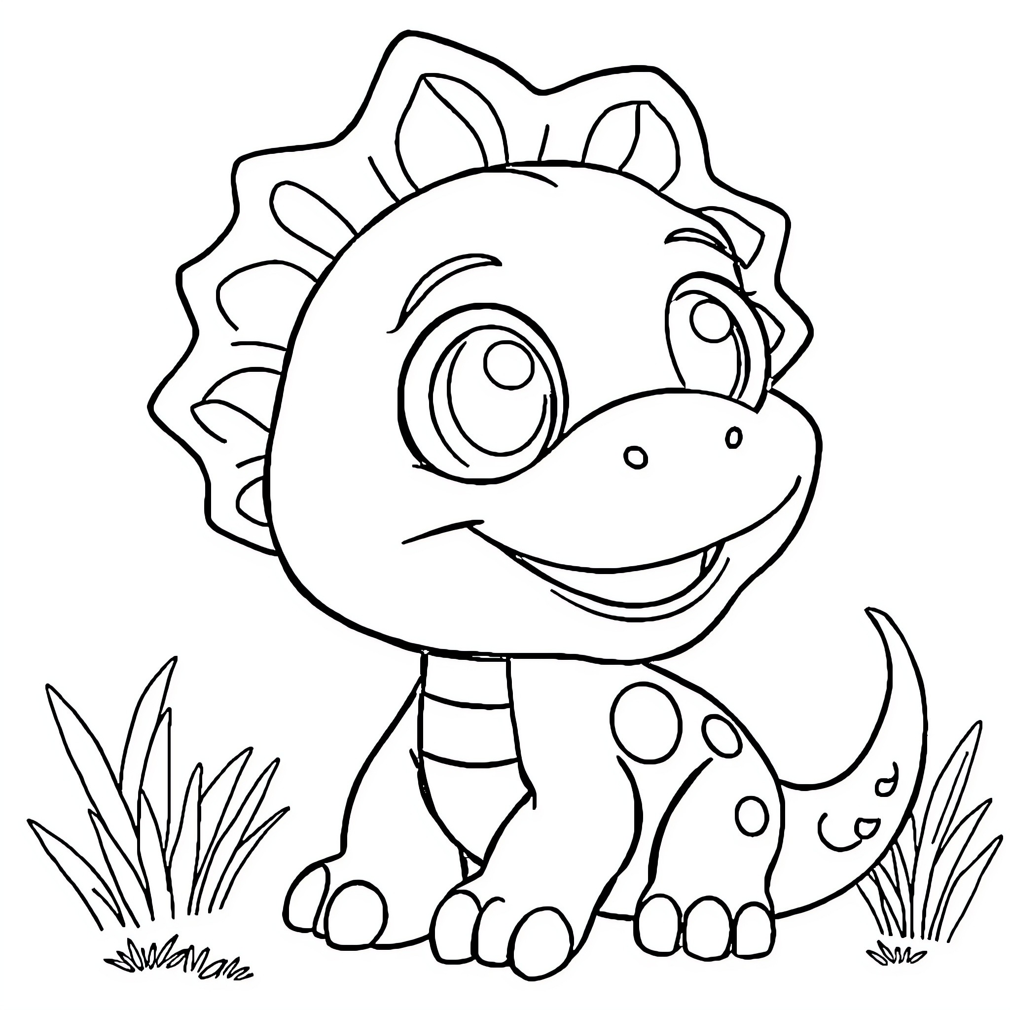 Dino smiling with spots in the field Coloring Page (free black-and-white line drawing printable PDF for all, from beginners to advanced learners, including children, teens, adults, and seniors)