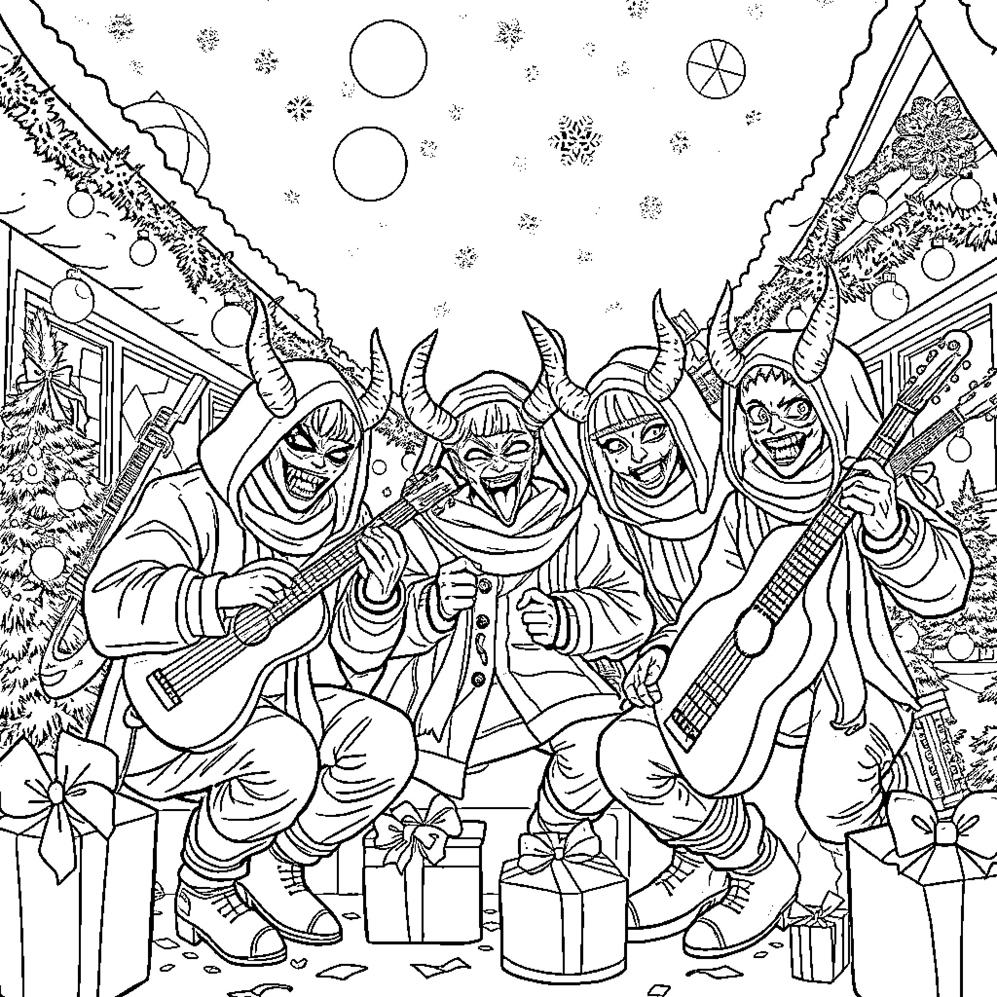 Demon Hunter Quartet Performing on a Winter Night Coloring Page (free black-and-white line drawing printable PDF for all, from beginners to advanced learners, including children, teens, adults, and seniors)
