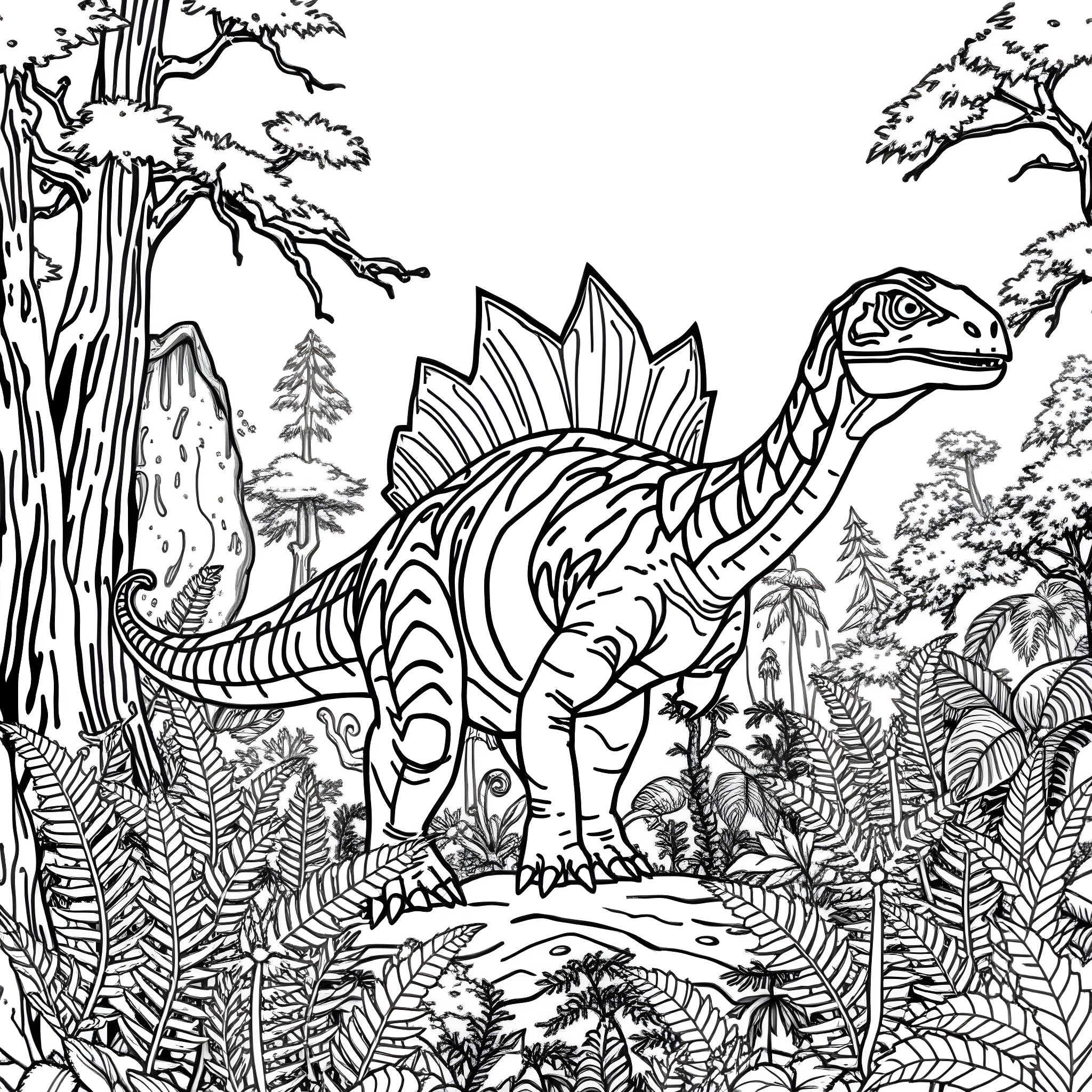 Dilophosaurus roaming through the prehistoric jungle Coloring Page (free black-and-white line drawing printable PDF for all, from beginners to advanced learners, including children, teens, adults, and seniors)
