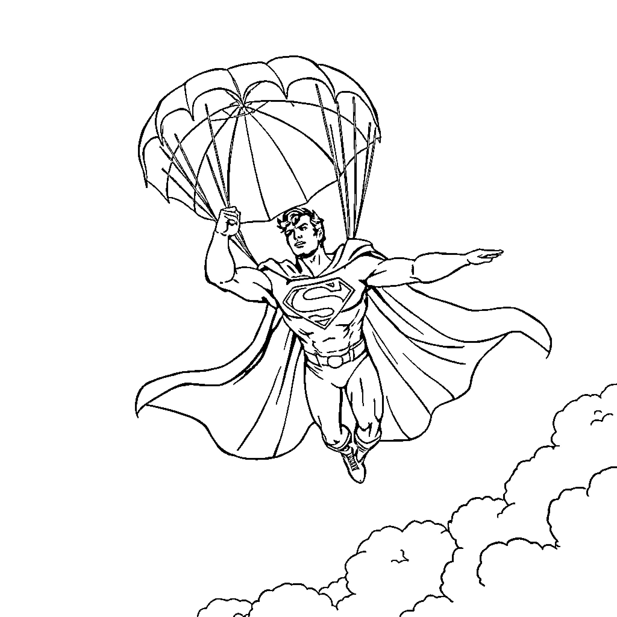 Superman skydiving with parachute in the sky Coloring Page (free black-and-white line drawing printable PDF for all, from beginners to advanced learners, including children, teens, adults, and seniors)