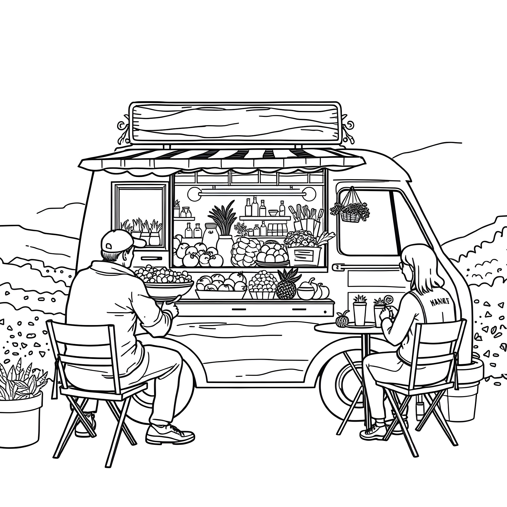 Van selling fresh produce at outdoor market Coloring Page (free black-and-white line drawing printable PDF for all, from beginners to advanced learners, including children, teens, adults, and seniors)
