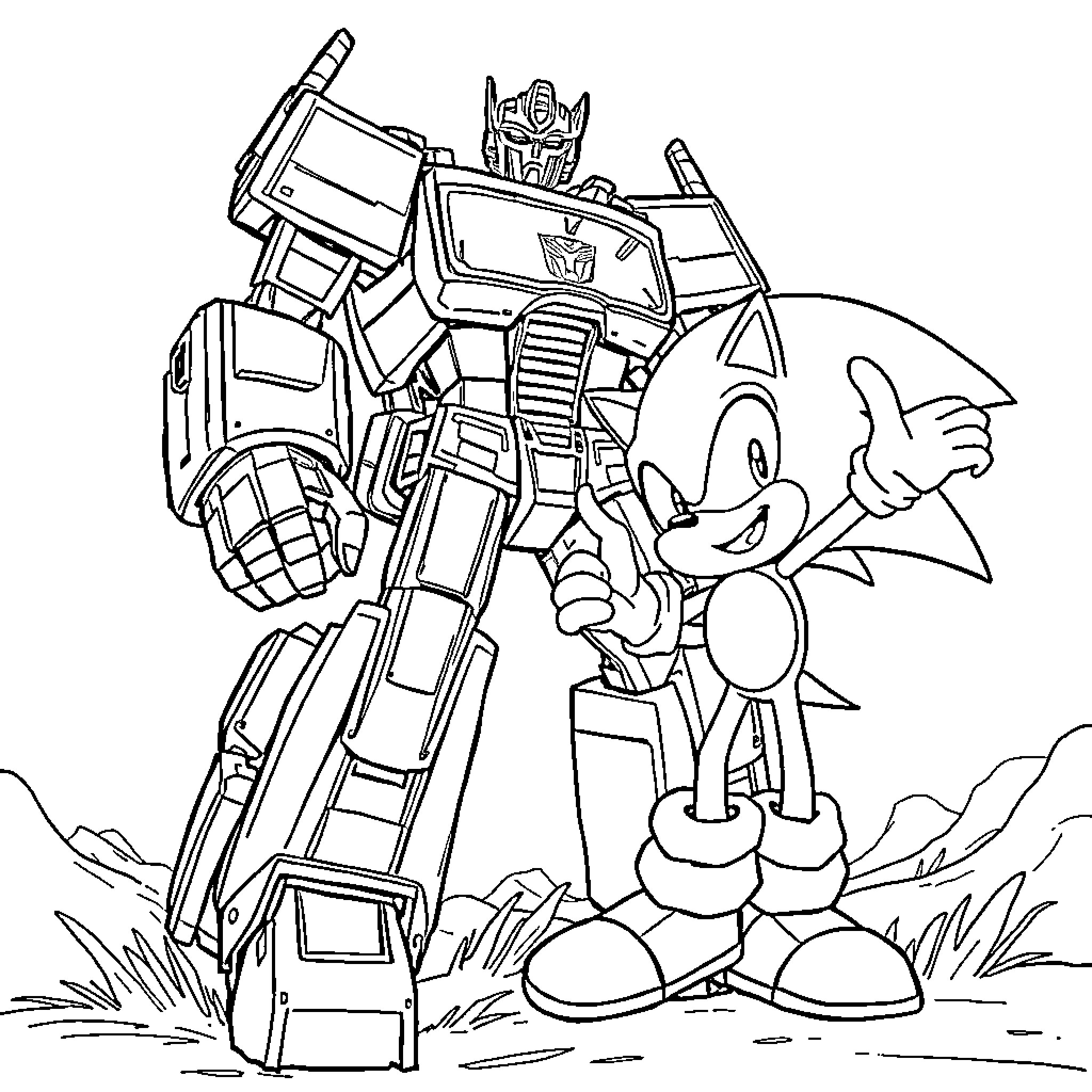 Transformer robot and Sonic the Hedgehog adventure Coloring Page (free black-and-white line drawing printable PDF for all, from beginners to advanced learners, including children, teens, adults, and seniors)
