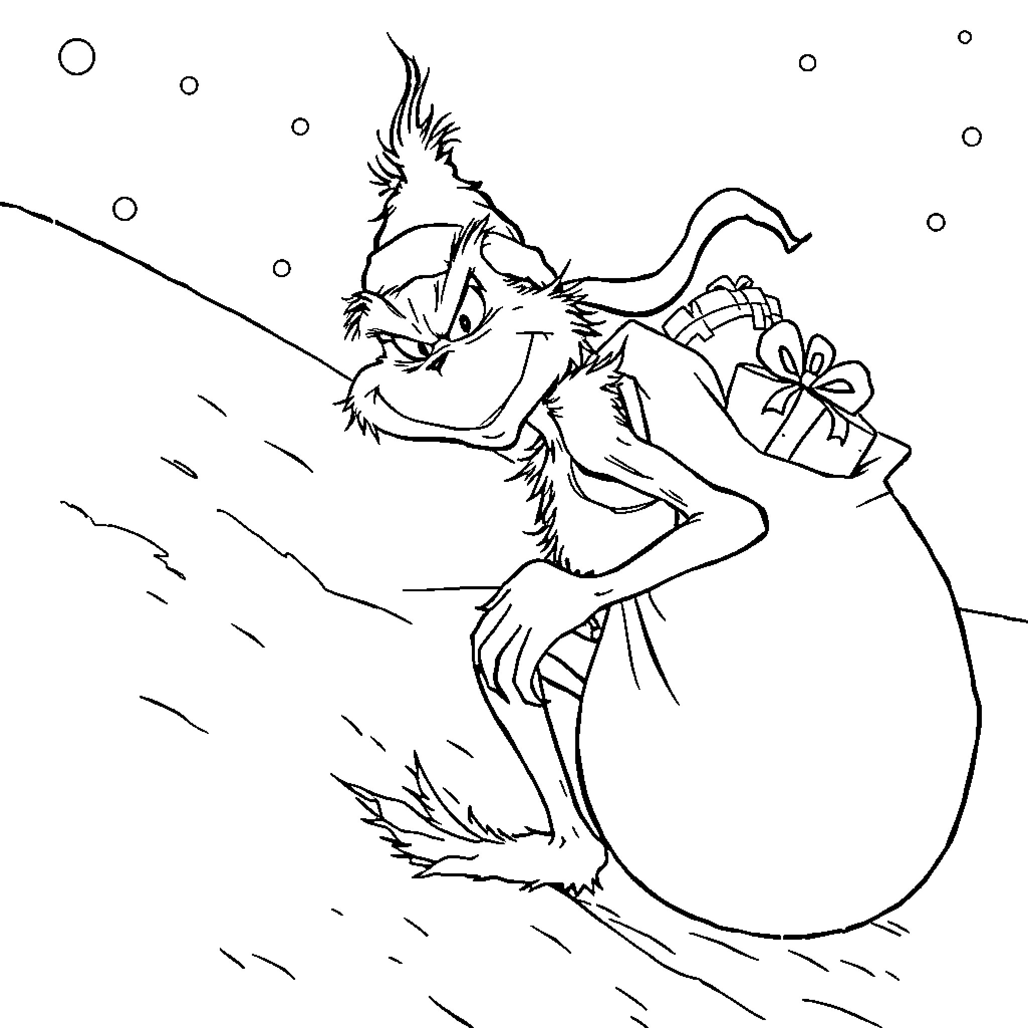 Grinch carrying a gift bag with a sly expression Coloring Page (free black-and-white line drawing printable PDF for all, from beginners to advanced learners, including children, teens, adults, and seniors)