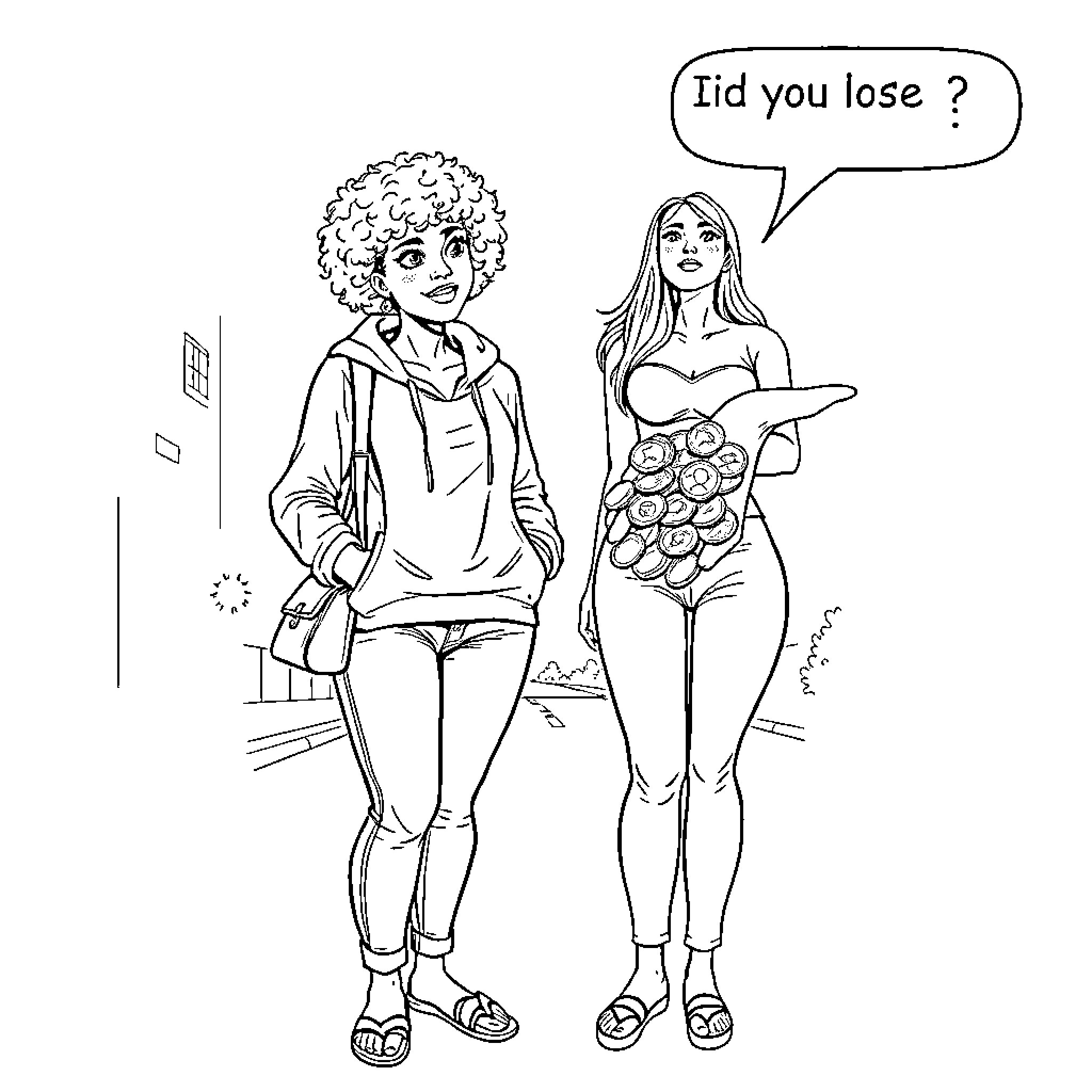 Woman confronted by another woman with question Coloring Page (free black-and-white line drawing printable PDF for all, from beginners to advanced learners, including children, teens, adults, and seniors)