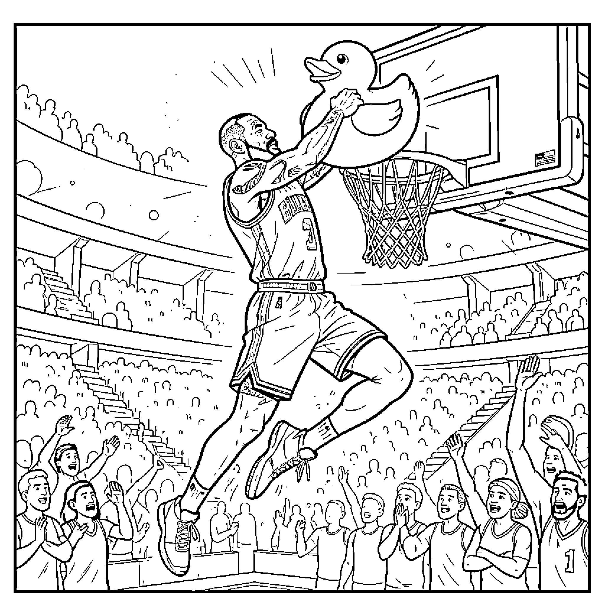LeBron Dunking a Basketball with a Duck Coloring Page (free black-and-white line drawing printable PDF for all, from beginners to advanced learners, including children, teens, adults, and seniors)