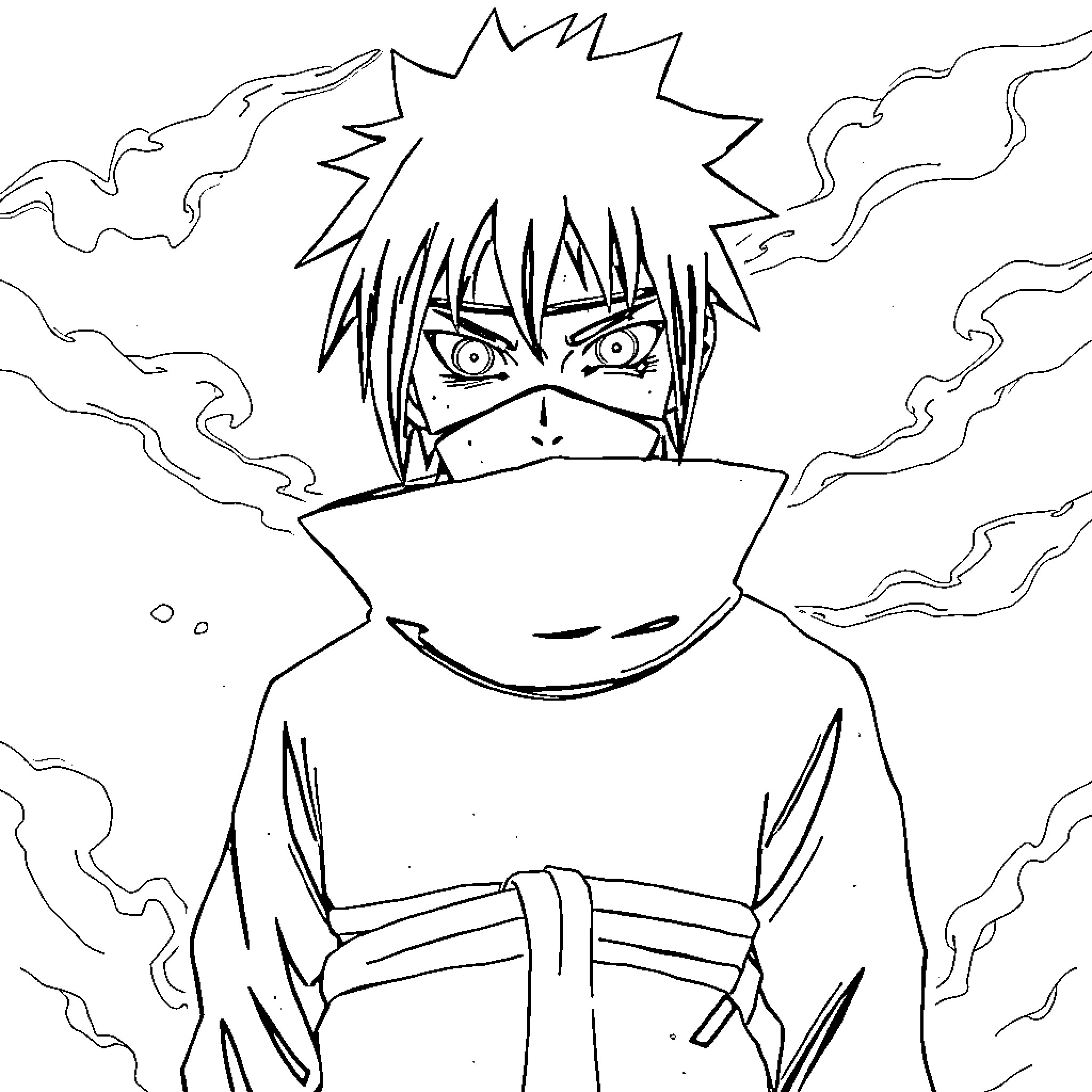 Sasuke surrounded by intense energy and emotions Coloring Page (free black-and-white line drawing printable PDF for all, from beginners to advanced learners, including children, teens, adults, and seniors)