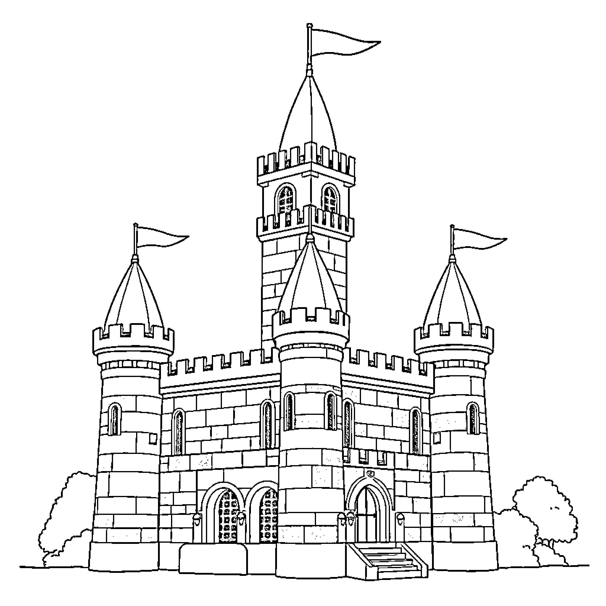 Castle with Towers and Flags Coloring Page (free black-and-white line drawing printable PDF for all, from beginners to advanced learners, including children, teens, adults, and seniors)
