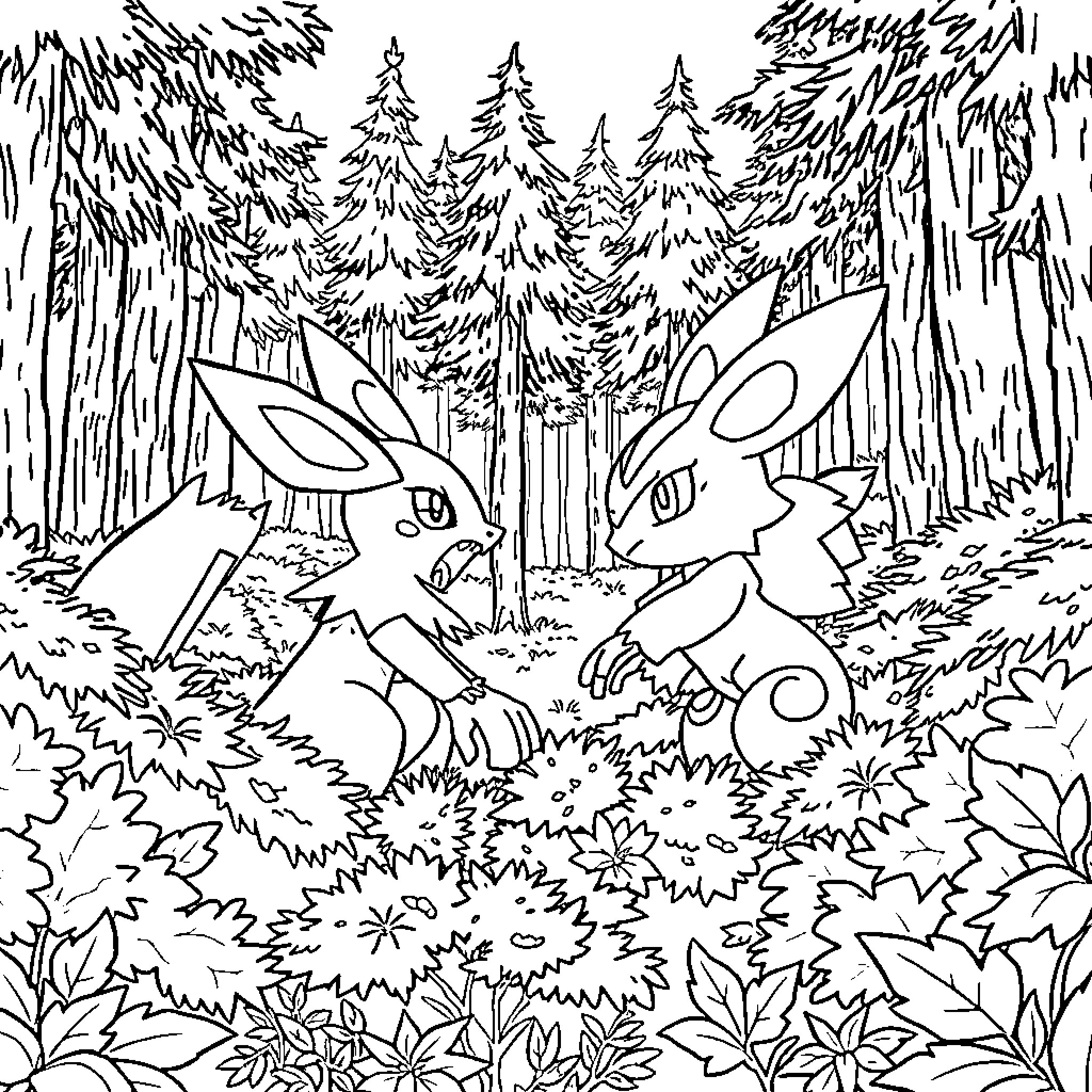 Lucario interacting with Eevee in a forest setting Coloring Page (free black-and-white line drawing printable PDF for all, from beginners to advanced learners, including children, teens, adults, and seniors)