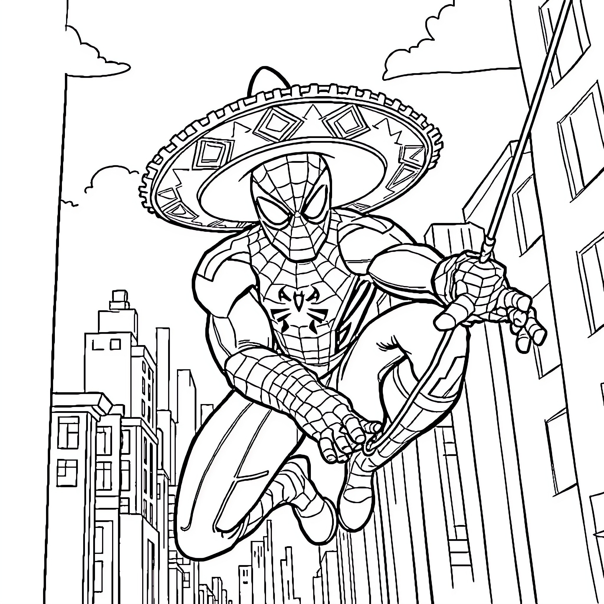 Spider-Man swinging through a city in a colorful costume Coloring Page (free black-and-white line drawing printable PDF for all, from beginners to advanced learners, including children, teens, adults, and seniors)
